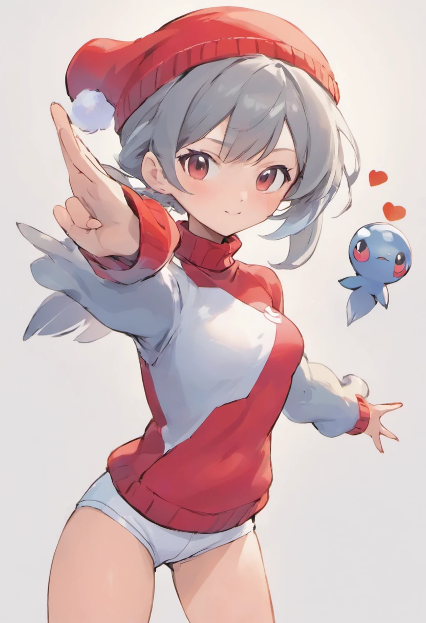 One girl、Bring your arms forward、Hand Par、Close-up of the subject's upper body、Composition of the subject seen from the front、Long sleeve red turtleneck knitted bird illustration、White shorts、Red Cap Cap、Gray ponytail、Pose with one arm thrust forward、