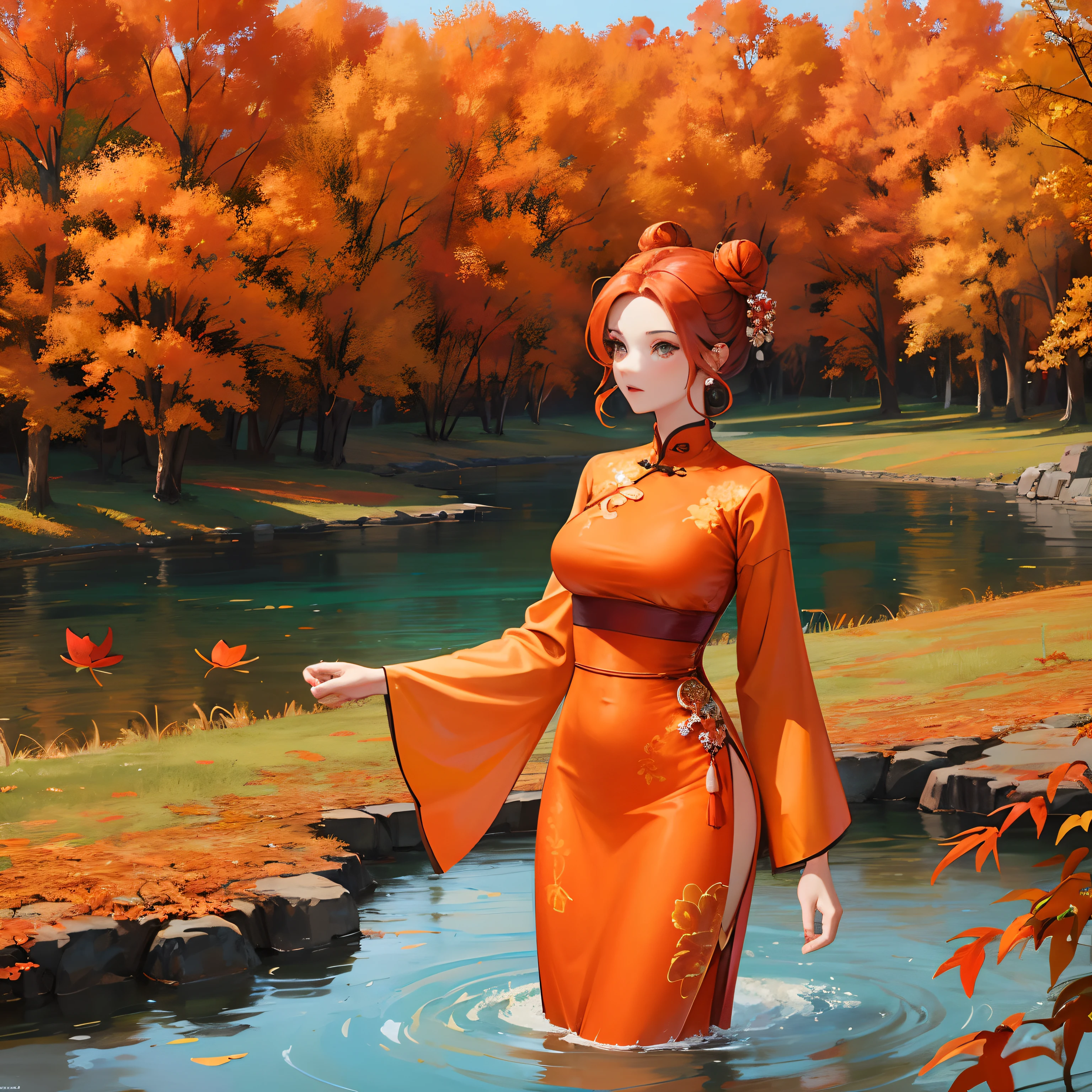 A woman standing behind a lake with autumn leaves, wearing chinese long dress, orange and red colors, hair bun with accecories, looking forwards, 8k, wallpaper design --auto