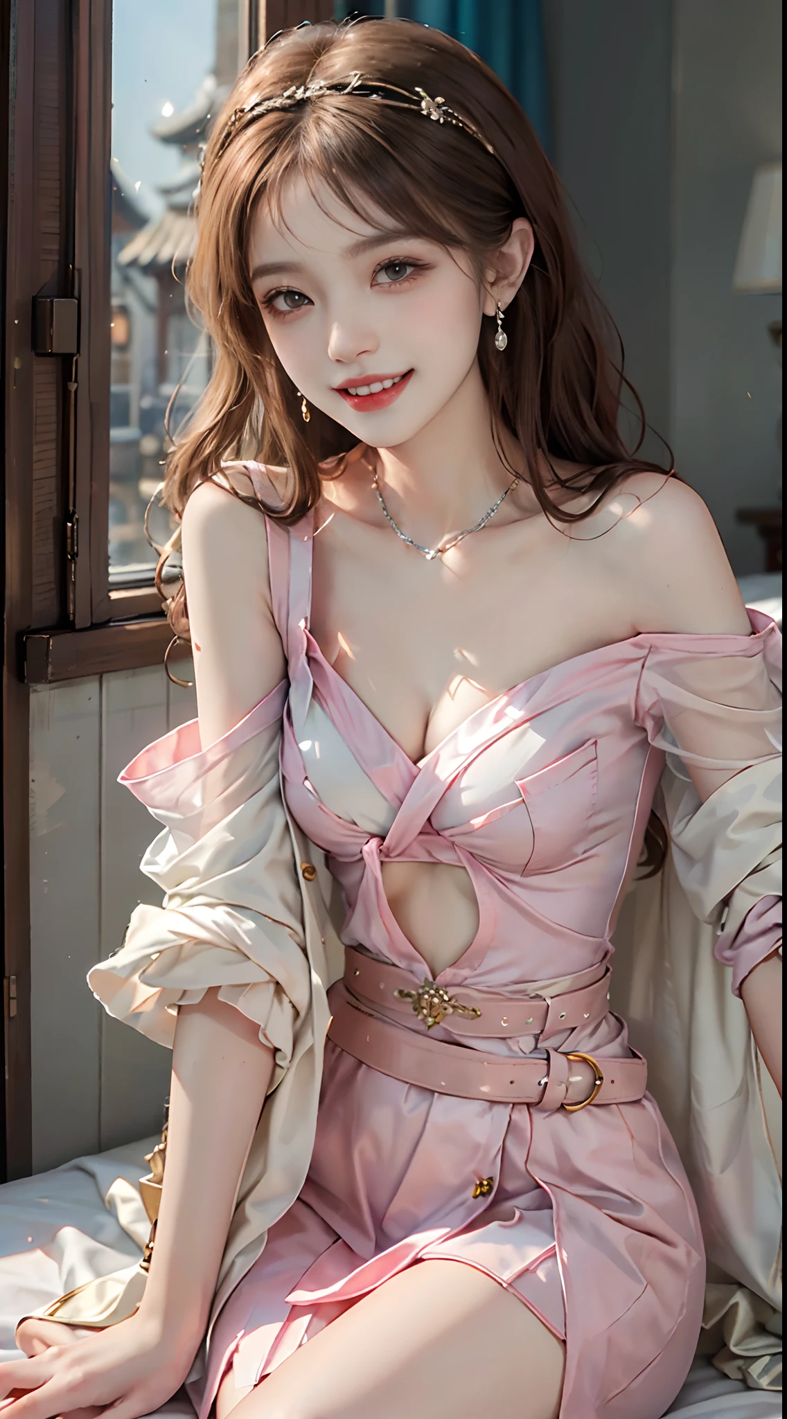 ((upper body)), ((from below)), ((realistic)), 1 Asian female model, A young girl, (Close up), (Being in the room, Sit Pose, Leaning against the dresser), Look out the window, Pleasing posture, Eye-catching poses, Detailed scenes, Coiled hair, Hairpins, Beautiful hair accessories, Brownish-yellow hair, light make-up, Blushlush, Gloss on lips, ((Light pink belly pocket, tulle shawl, Skirt, Leak one shoulder, high-waist, Nice belt)), ((warm lights, a warm color palette)), (Extremely high color saturation), Detailed details, ultra-detailliert, (tmasterpiece, best qualtiy), (An extremely delicate and beautiful work), Delicate earrings, Delicate necklace, Simple blurred background, Extreme detail description, Ultra-fine painting, Delicate face, slim toned body, Slimming the waist, (grin, happy grin, Baring teeth), (anatomy correct)