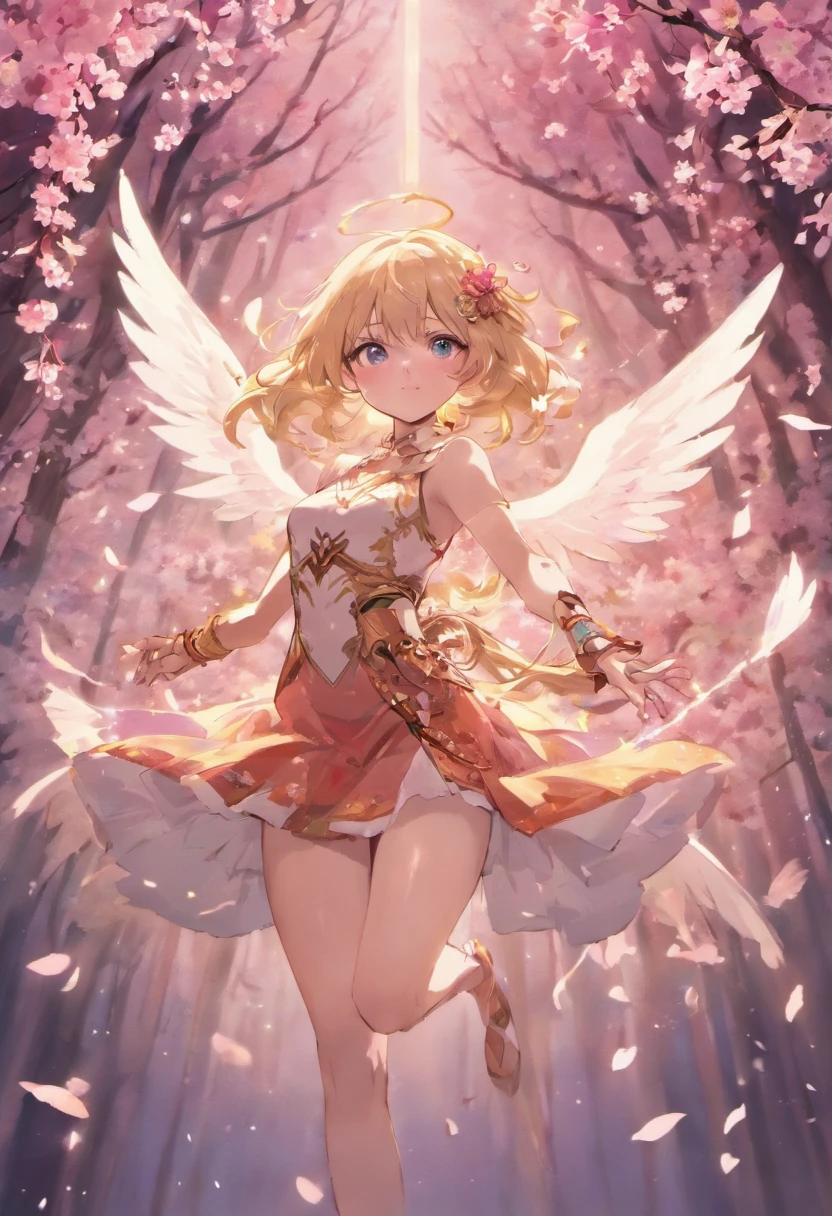Quality over 8K, a female angel,Sexy,Long Blonde Hair,Anime,Goddess,Symmetrical blue eyes,Ultra detailed eyes,Transparent lingerie,forest,Sword,golden wings,Full body,hyperdetailed lips, hyperdetailed face, Double eyelids, Ultra Detailed feet,で,Beautiful legs,Tight boots,Full Leg 1 Girl、nightcity、Sateen、Kimono without sleeves、A dark-haired、Holding a weapon with blood on it、Looking at the camera、Cherry blossoms are dancing,strong con --auto --s2