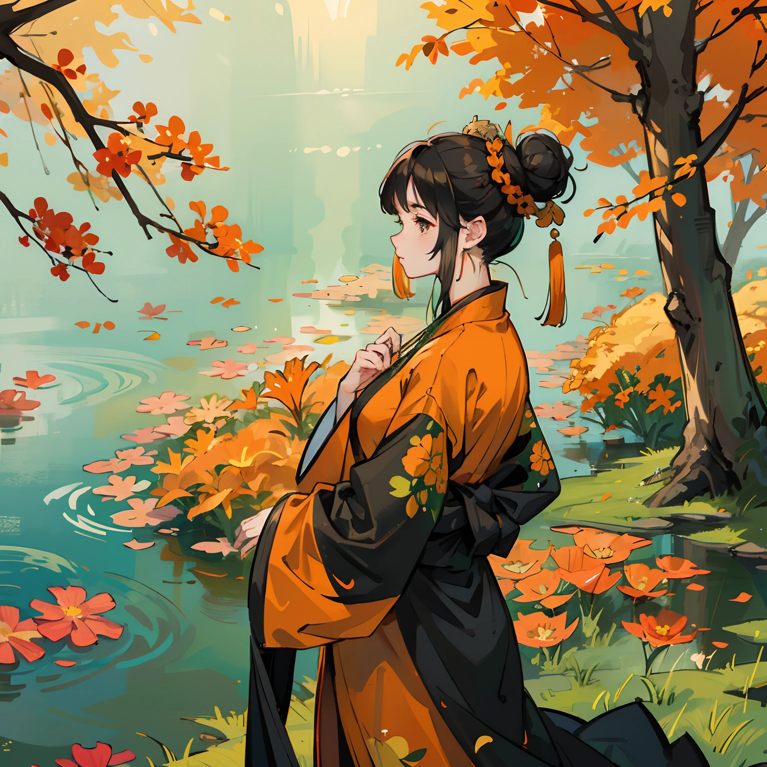 A woman standing side way, a lake with autumn leaves, flowers, sunlight, wearing hanfu, orange and green colors, black hair, one hair bun with the ornament, jewelry, 8k, wallpaper design --auto