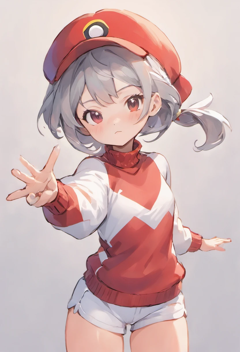 One girl、Bring your arms forward、Hand Par、Close-up of the subject's upper body、Composition of the subject seen from the front、Long sleeve red turtleneck knitted bird illustration、White shorts、Red Cap Cap、Gray ponytail、Pose with one arm thrust forward、