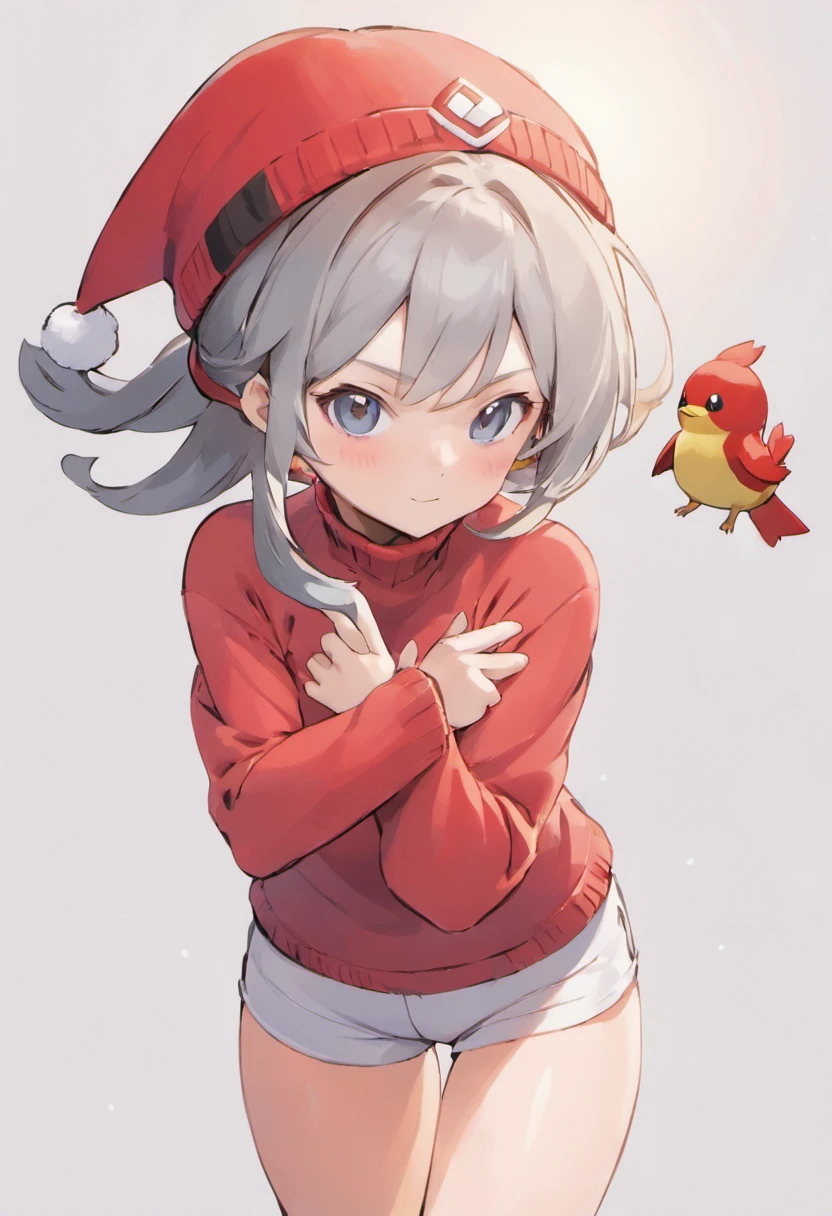 One girl、Bring your arms forward、Hand Par、Close-up of the subject's upper body、Composition of the subject seen from the front、Long sleeve red turtleneck knitted bird illustration、White shorts、Red Cap Cap、Gray ponytail、Pose with one arm thrust forward、