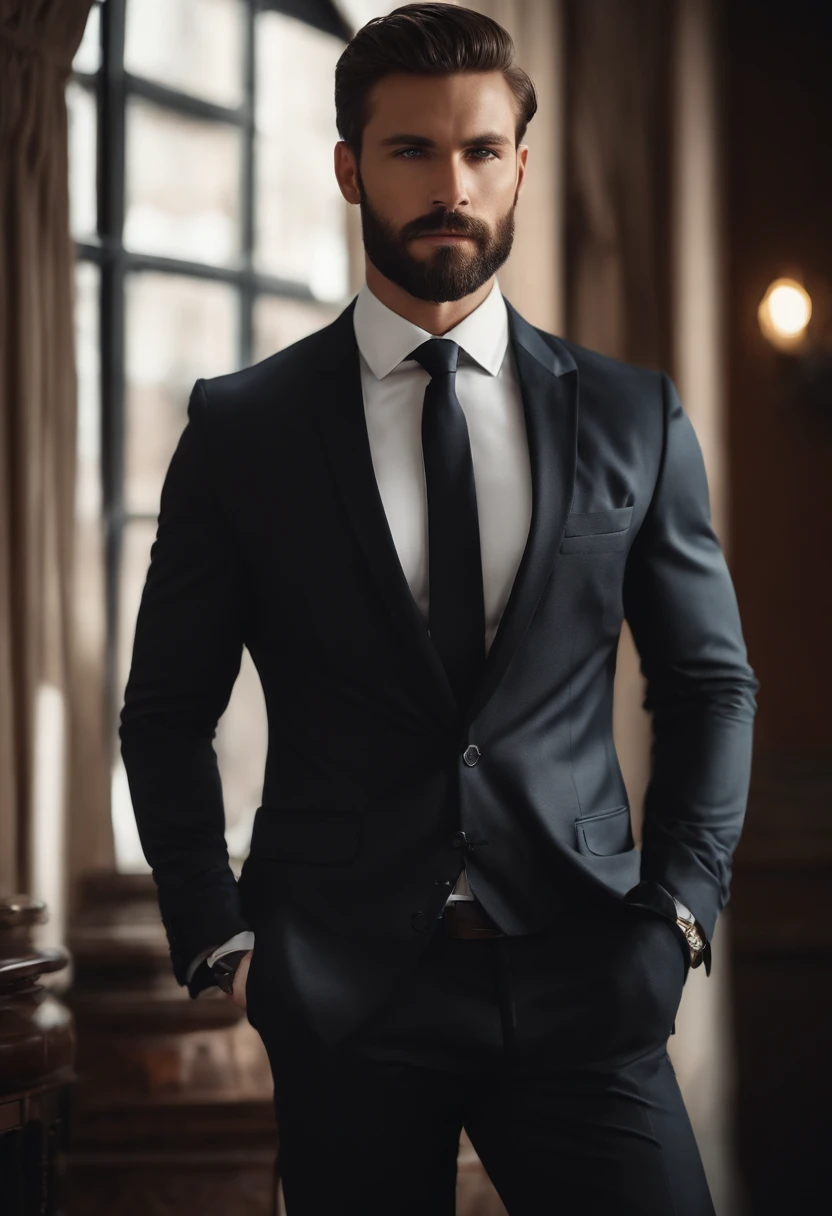 Making a handsome man in his 30s in a black suit and tie, vd, brown hair and beard, (Man in black suit and tie), ), (Using a beard,) Attractive and serious look, short dark hair, Stylish and elegant, Suit-fitting shave and strong body, (High-quality, realistic images), Dark black and light on image background, Film Style, ((top-quality, 8K, ​masterpiece), Ultra-detailed photography, (beautiful faces detailed, detail skin texture, hyperdetailed body:1.1)