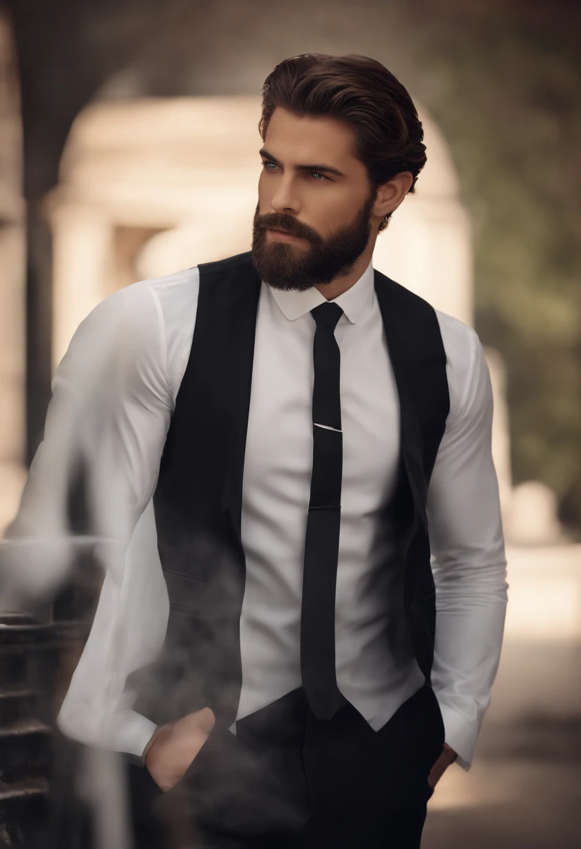 Making a handsome man in his 30s in a black suit and tie, vd, brown hair and beard, (Man in black suit and tie), ), (Using a beard,) Attractive and serious look, short dark hair, Stylish and elegant, Suit-fitting shave and strong body, (High-quality, realistic images), Dark black and light on image background, Film Style, ((top-quality, 8K, ​masterpiece), Ultra-detailed photography, (beautiful faces detailed, detail skin texture, hyperdetailed body:1.1)