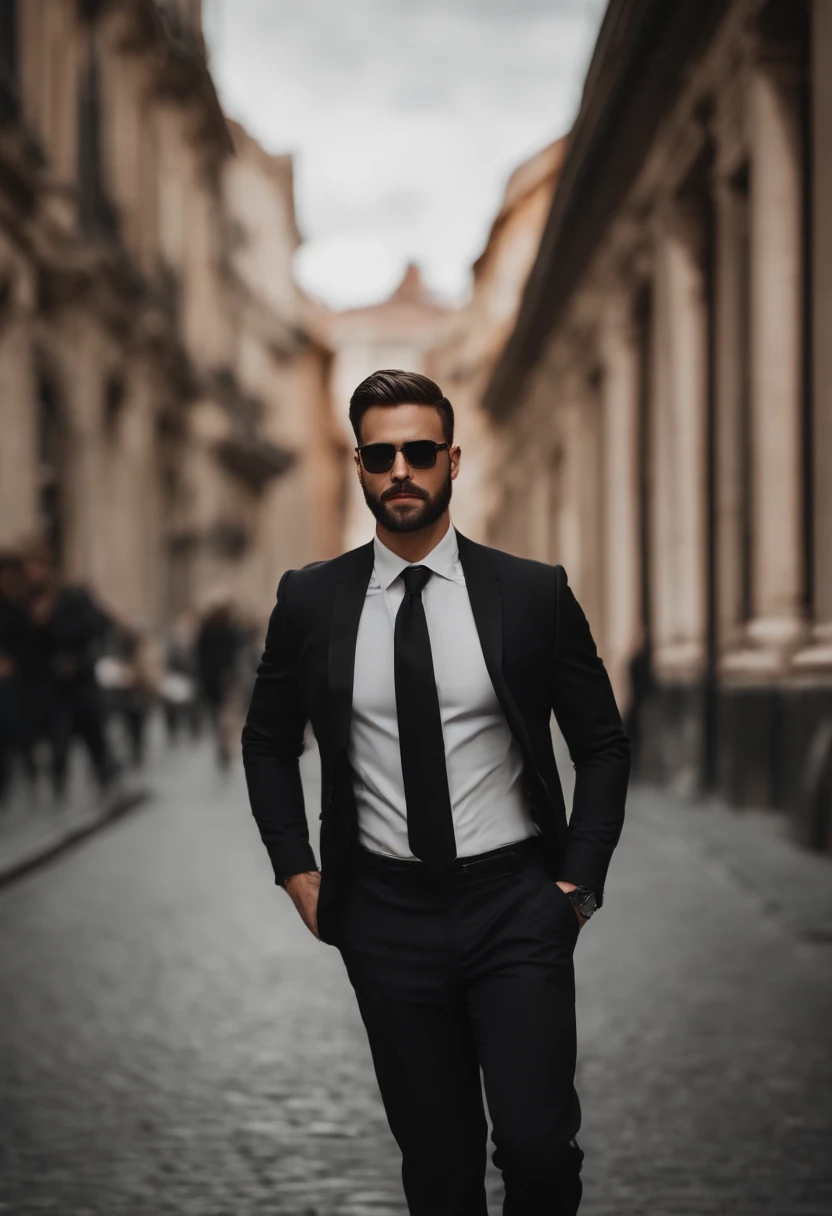 Making a handsome man in his 30s in a black suit and tie, vd, brown hair and beard, (Man in black suit and tie), ), (Using a beard,) Attractive and serious look, short dark hair, Stylish and elegant, Suit-fitting shave and strong body, (High-quality, realistic images), Dark black and light on image background, Film Style, ((top-quality, 8K, masterpiece), Ultra-detailed photography, (beautiful faces detailed, detail skin texture, hyperdetailed body:1.1)
