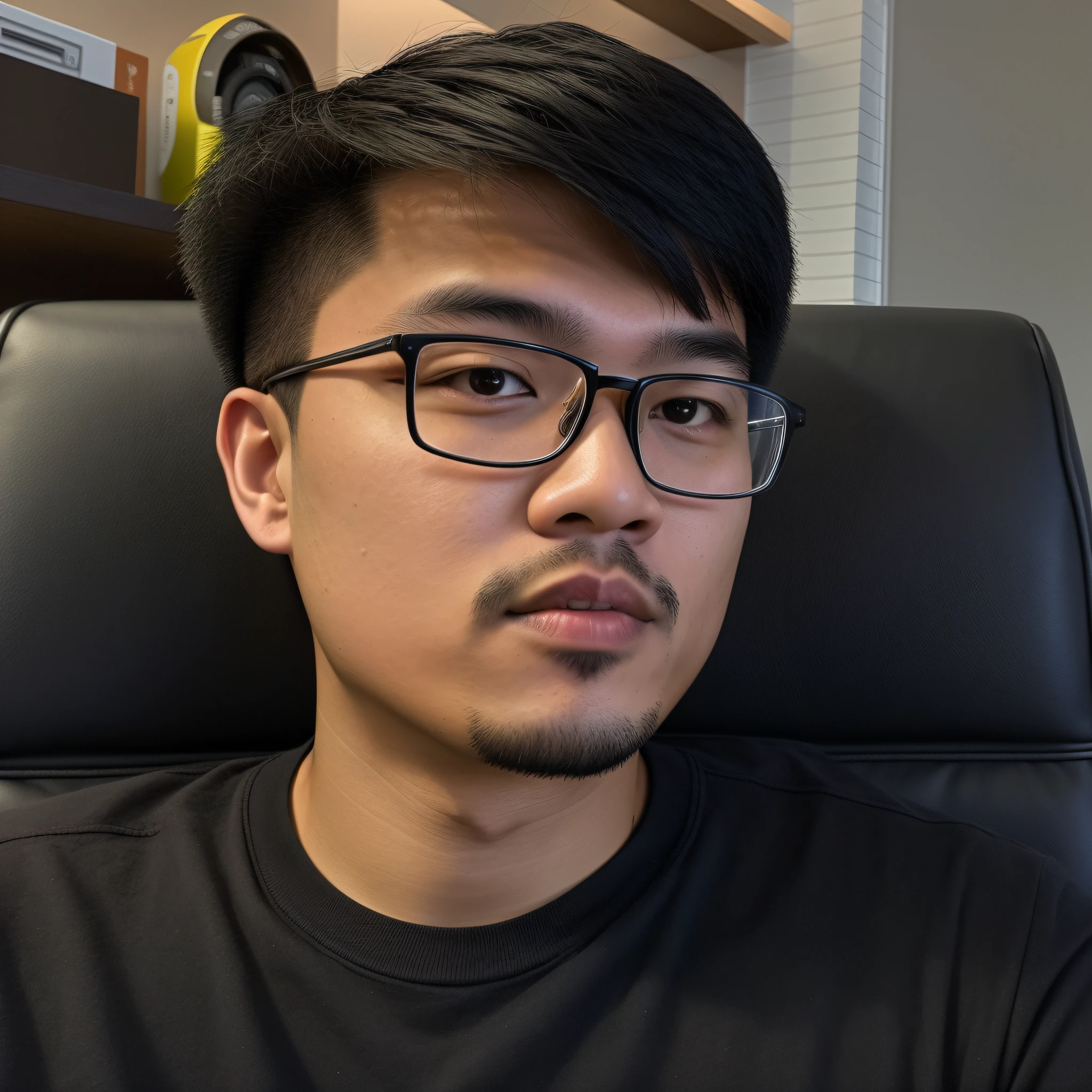 there is a man sitting in a chair with a cell phone in his hand, headshot profile picture, david luong, 2 7 years old, profile picture 1024px, reddit post, 2 8 years old, taken with sony alpha 9, halfbody headshot, professional profile picture, wearing black frame glasses, 2 9 years old, south east asian with round face