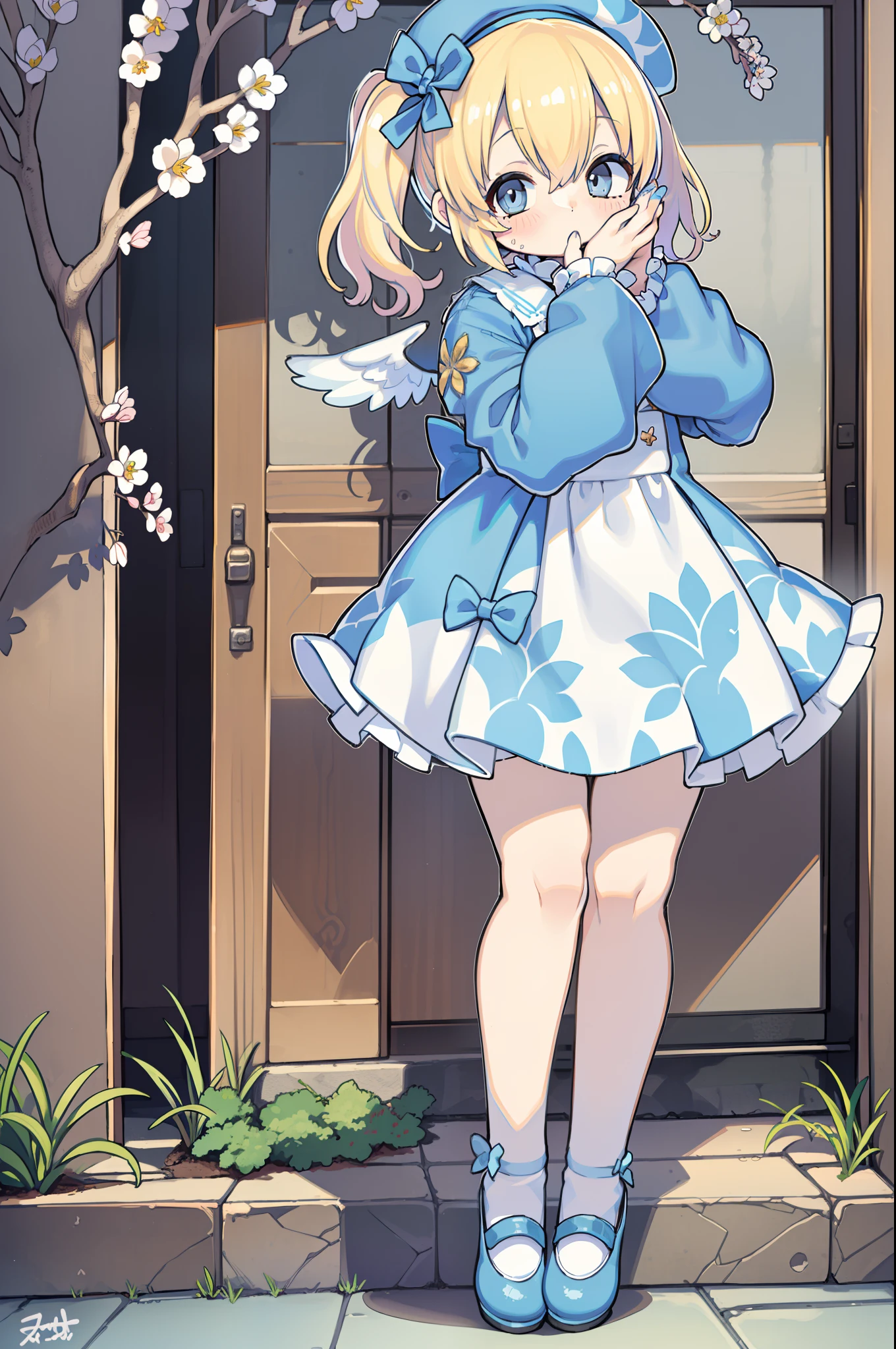 Uecla, 1girl in, Blonde hair, White background, hat, Dress, blue footwear, Wings, Simple background, signature, flower, nail polish, Wide sleeves, Long sleeves, blush, animal, white blossoms, Solo, Full body, Bird, Looking at Viewer, high-heels, hands on own cheeks, hand on own face, frilld, Bow, Bangs, bow ribbon, bell, blue headwear, +_+, sox, Short hair, grey  eyes, shoes, Blue Nails, Feathered wings, blue bow