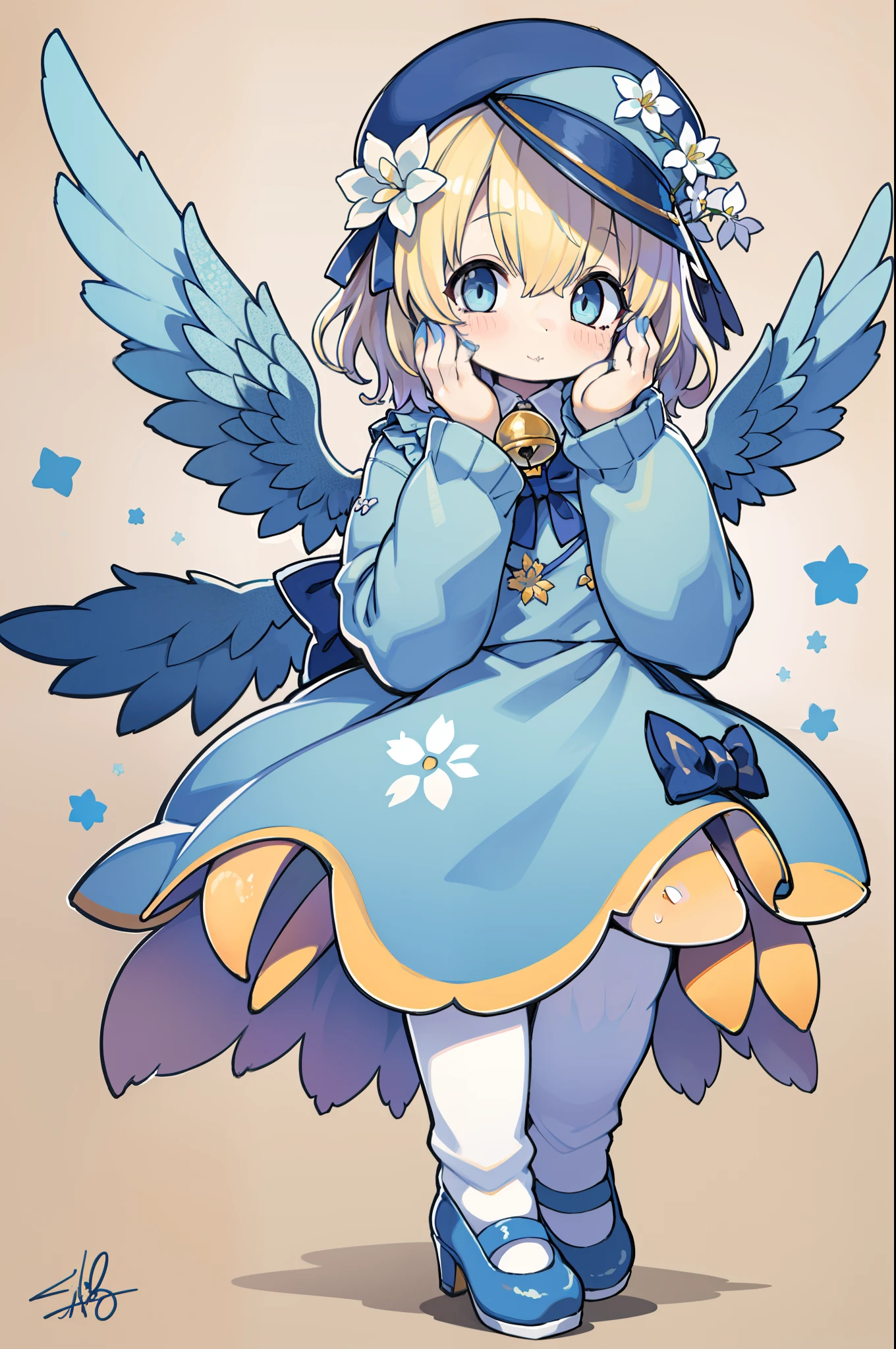 Uecla, 1girl in, Blonde hair, White background, hat, Dress, blue footwear, Wings, Simple background, signature, flower, nail polish, Wide sleeves, Long sleeves, blush, animal, white blossoms, Solo, Full body, Bird, Looking at Viewer, high-heels, hands on own cheeks, hand on own face, frilld, Bow, Bangs, bow ribbon, bell, blue headwear, +_+, sox, Short hair, grey eyes, shoes, Blue Nails, Feathered wings, blue bow