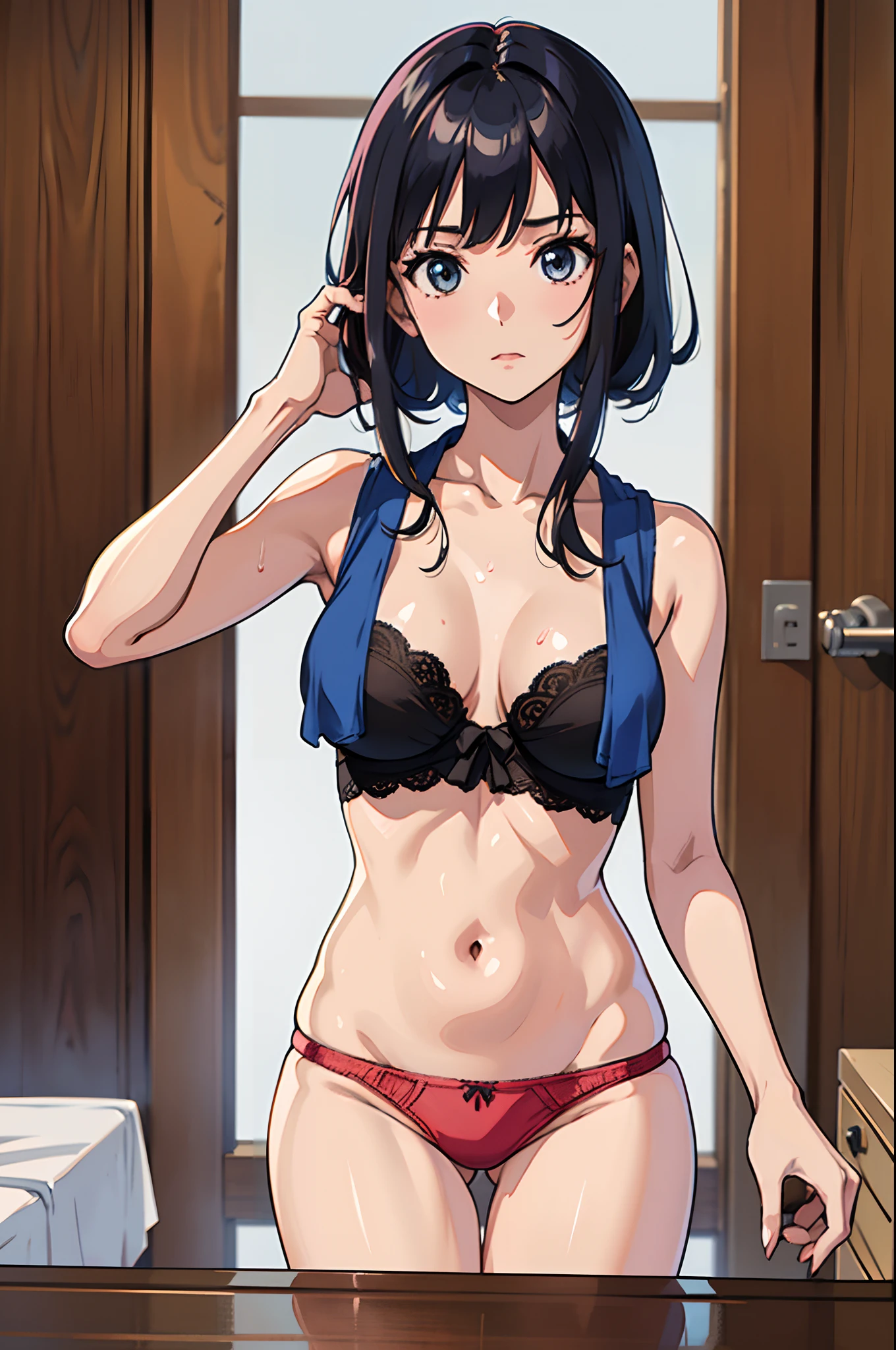 Highly detailed, (1womanl),独奏, 20yr old,Detail Eyes, (Perfect face, Detailed face, Perfect body), (Twin-tailed), Towel on chest, (sexy panty), medium breasts, (Upper body), Hotel room, Wet, Pull a towel, Cowboy Shot, (masutepiece:1.3, Best Quality, 8K, 16 K, hight resolution:1.1, high details, Super Detail:1.1, Textured skin, Anatomically correct), perfect hand、Detailed finger