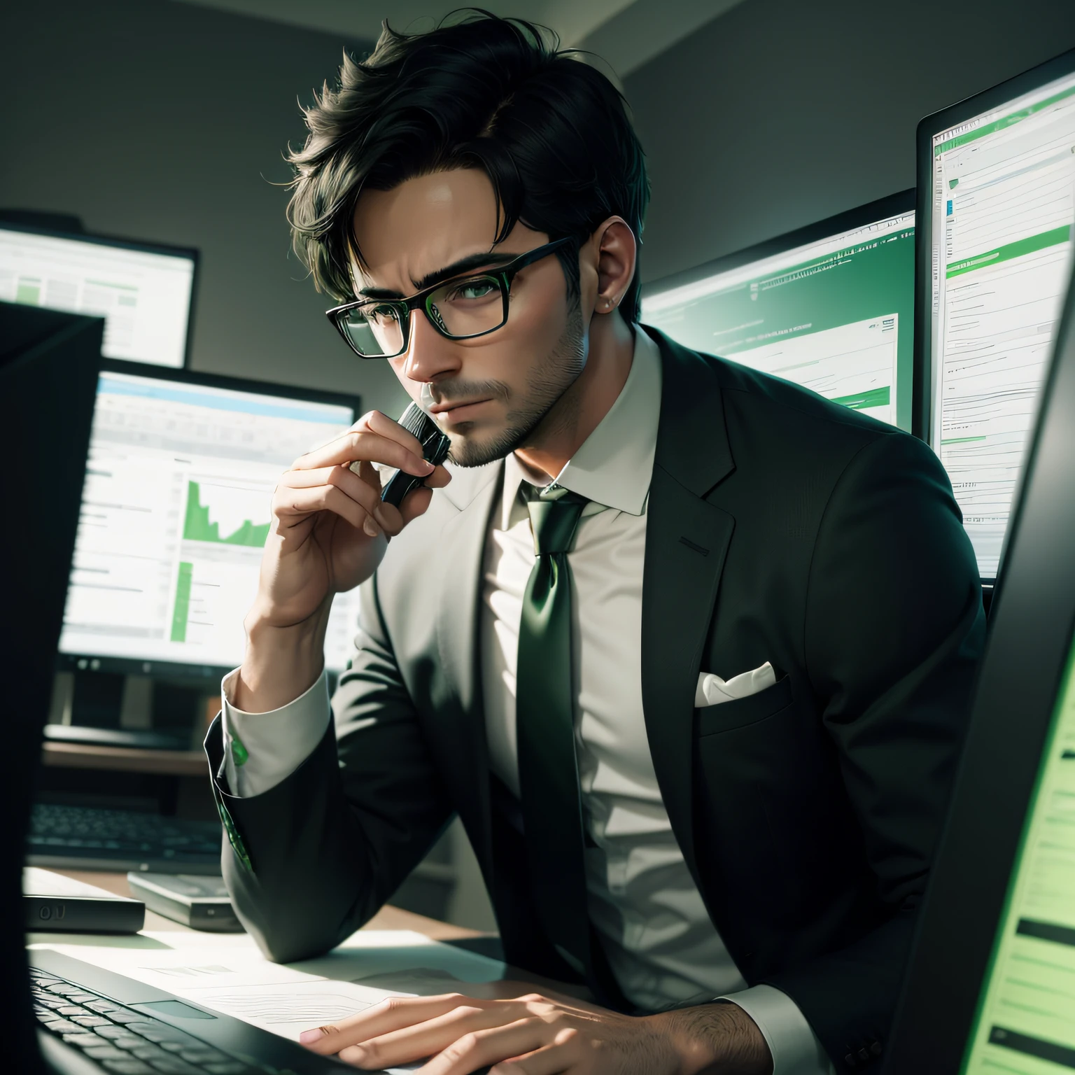 business man, very short hair, Using the computer, with glasses, looking at the computer, beside, in green and black tones, ultrarealistic