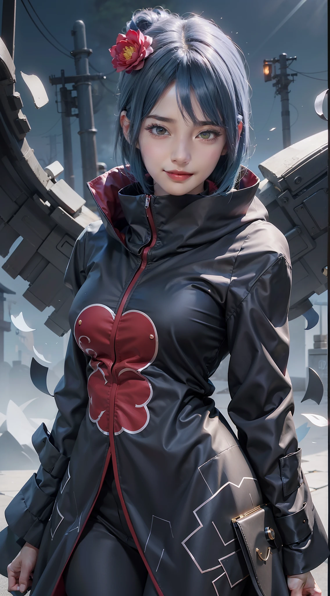 1girl, konan akatsuki in anime naruto, short hair, blue hair, yellow eyes, smile, beautiful, sexy dress, sexy clothes, black clothes, very big breast, realistic clothes, detail clothes, outdoor background, ultra detail, realistic