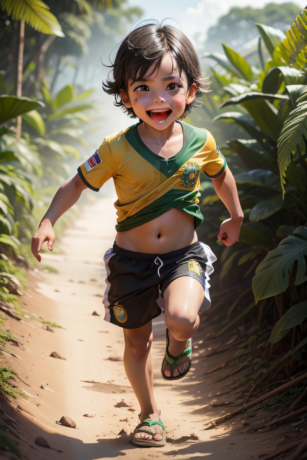 Bolsonaro  with cheerful and enthusiastic look , running through the Amazon rainforest with the Brazilian flag on his back and the constitution in his right hand