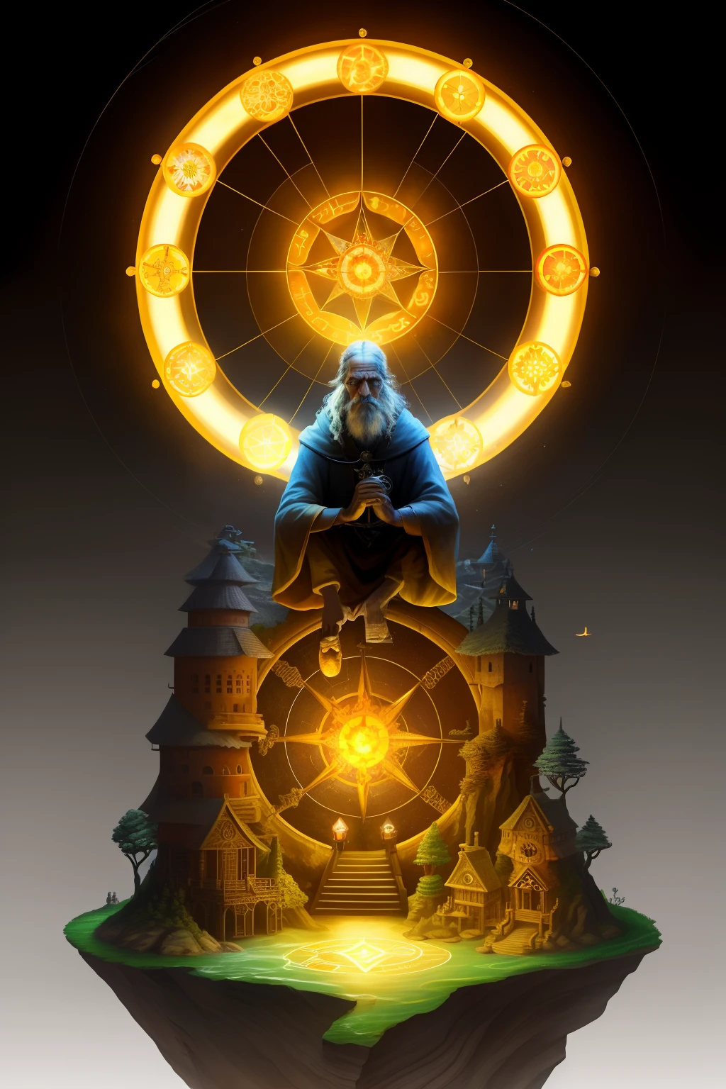 The wheel of fortune is in the middle，In the upper left corner is the water element，In the lower left corner is the earth element，There is a wind element in the upper right corner，There is a fire element in the lower right corner，In front of the Wheel of Fortune is a hermit holding a lamp，Light the road ahead，Very bright colors,。