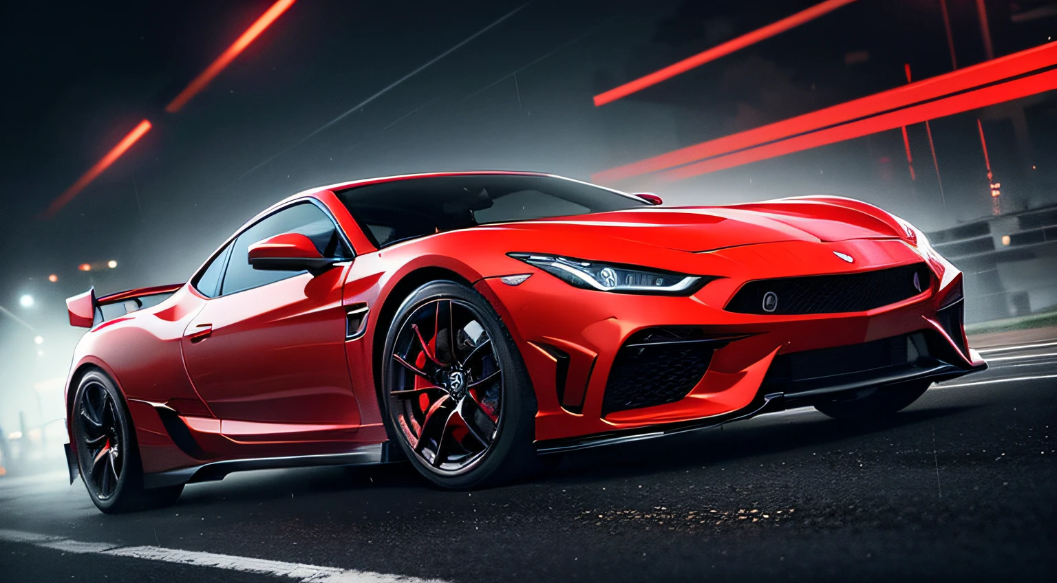 8k, masterpiece, extreme detail, expressive background, expressive clothing, male 1, red short hair, sharp gray eyes, serious face, angry expression, black tshirt, driving inside a red sports car, flashing lights bg, neon lights bg, speed of light bg, rushing lights effect, rain effects, night