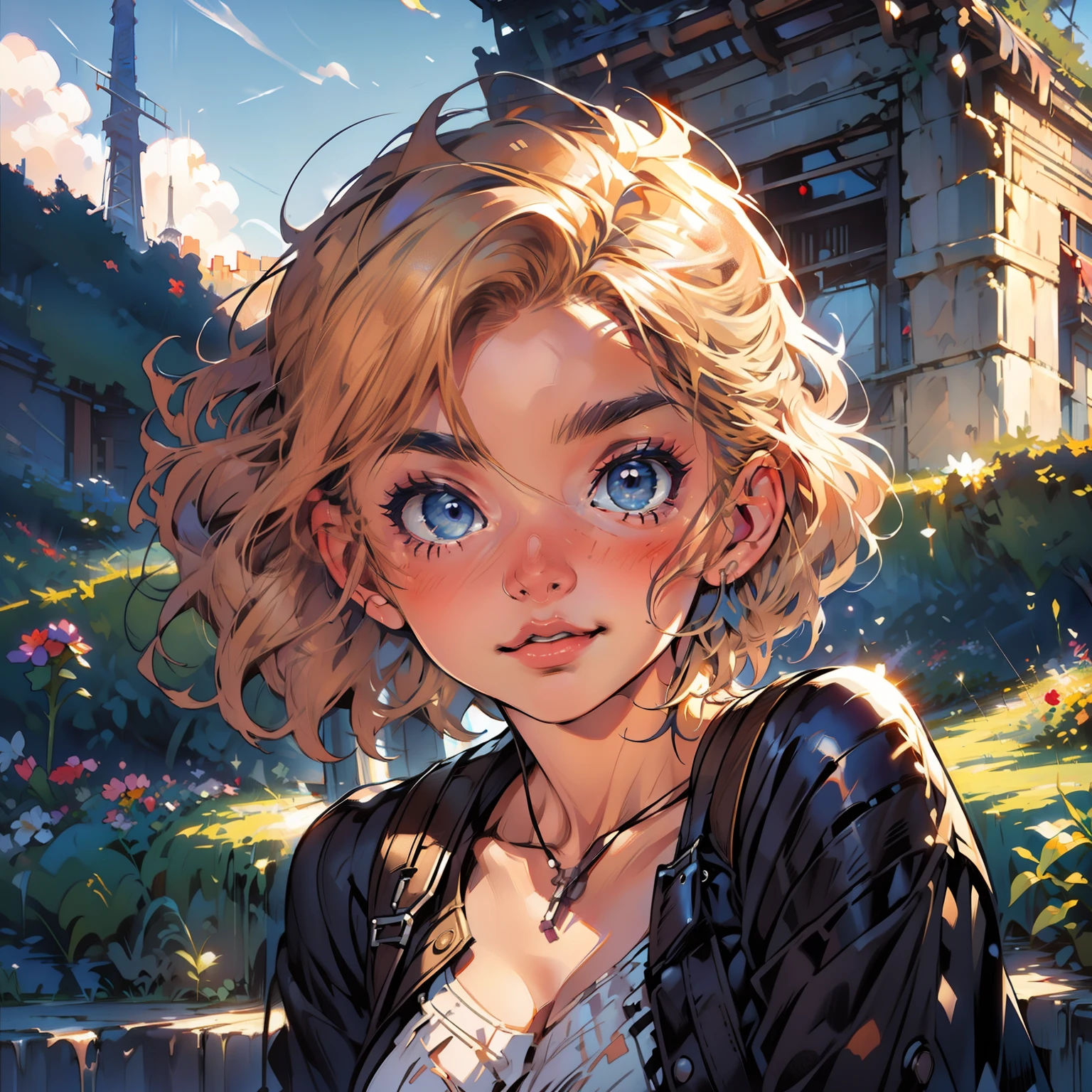 masterpiece, close up, digital paint, (Cute girl, 20 years old, blond short hair, detailed eyes ), at the top of eiffel tower in paris by Jim Lee. 1990s \(style\),