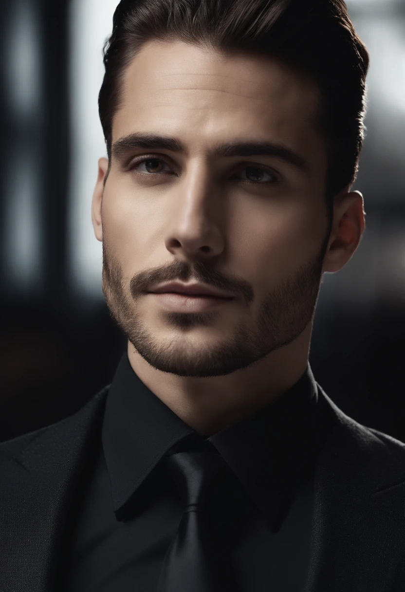 Up、Make a handsome man in his 30s in a black suit and tie, vd, brown hair and beard, (Man in black suit and tie), ), (Use a beard,) Attractive and serious look, short dark hair, Stylish and elegant, Suit-fit shave and strong body, (hightquality, Realistic images), Dark black and light on image background, Film Style, ((top-quality, 8K, masterpiece), ultra hi definition photo, (beautiful faces detailed, detail skin texture, hyperdetailed body:1.1)