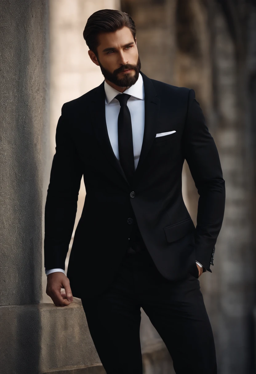 Up、Make a handsome man in his 30s in a black suit and tie, vd, brown hair and beard, (Man in black suit and tie), ), (Use a beard,) Attractive and serious look, short dark hair, Stylish and elegant, Suit-fit shave and strong body, (hightquality, Realistic images), Dark black and light on image background, Film Style, ((top-quality, 8K, masterpiece), ultra hi definition photo, (beautiful faces detailed, detail skin texture, hyperdetailed body:1.1)