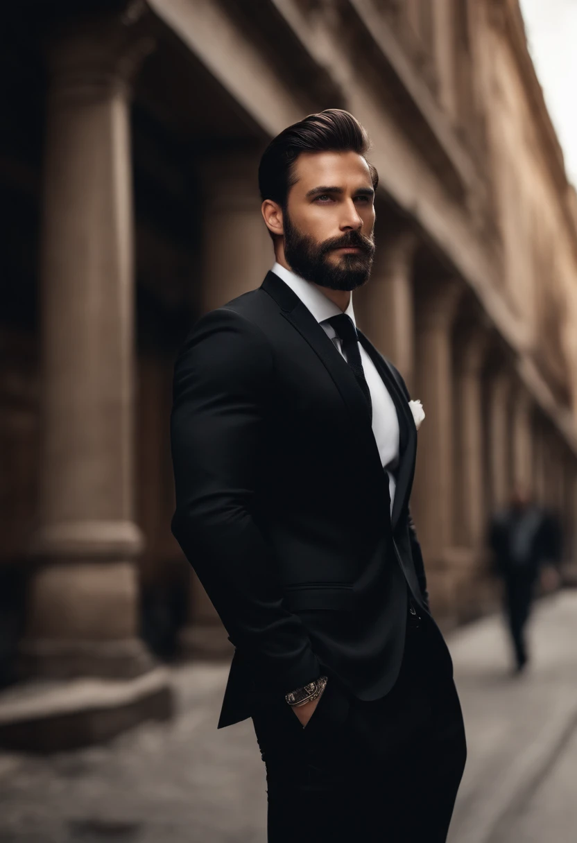 Up、Make a handsome man in his 30s in a black suit and tie, vd, brown hair and beard, (Man in black suit and tie), ), (Use a beard,) Attractive and serious look, short dark hair, Stylish and elegant, Suit-fit shave and strong body, (hightquality, Realistic images), Dark black and light on image background, Film Style, ((top-quality, 8K, masterpiece), ultra hi definition photo, (beautiful faces detailed, detail skin texture, hyperdetailed body:1.1)