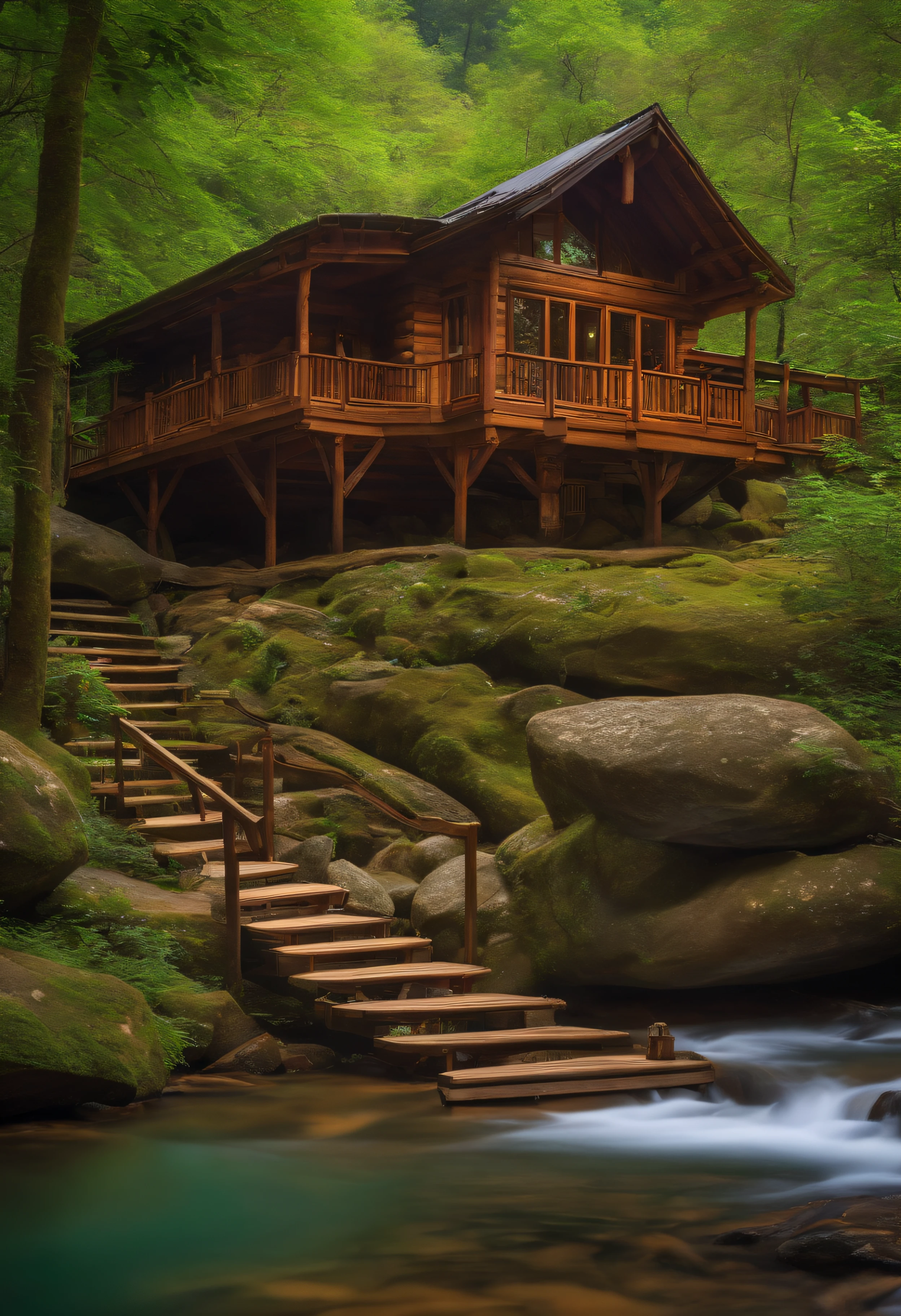 "A japosa style wooden house high on a mountain next to a tranquil river in the middle of a lush forest.”