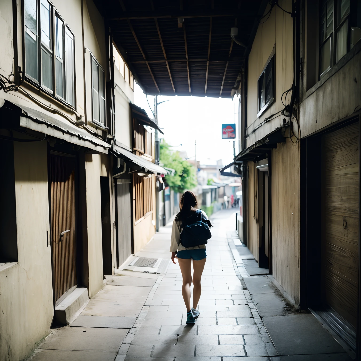 (top-quality、8k、32k、masterpiece、UHD:1.3)、(Attractive Japanese Woman Pictures)、1 girl in、Photorealsitic, disposable camera, 35㎜ film, foco nítido, high-level image quality, hight resolution, Portrait, 1Man Woman, japanes, Beautie, Wavy Hair, tight short pant,(Rear view)、from the rear, Hotels in the slums