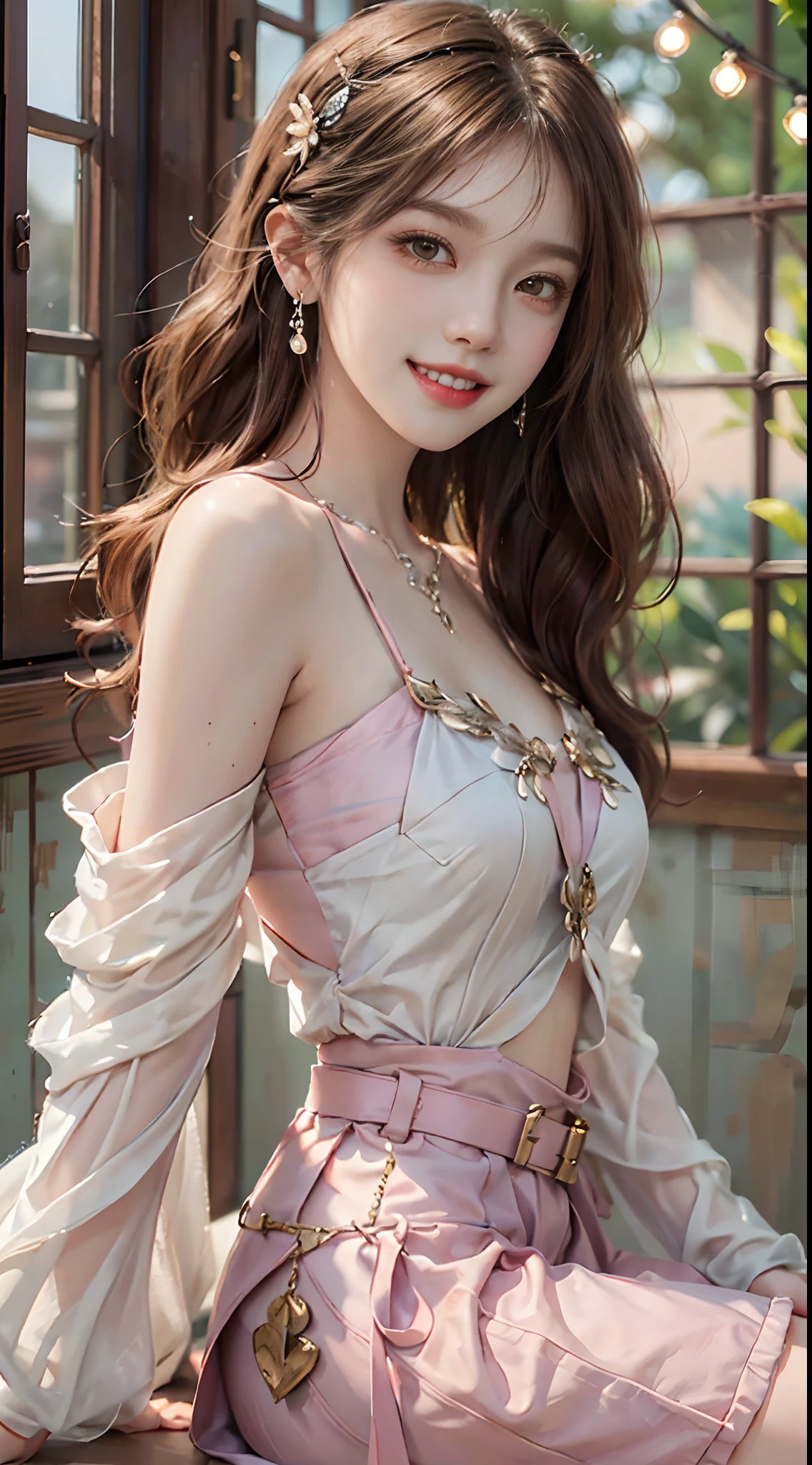((upper body)), ((from below)), ((realistic)), 1 Asian female model, A young girl, (Close up), (Being in the room, Sit Pose, Leaning against the dresser), Look out the window, Pleasing posture, Eye-catching poses, Detailed scenes, Coiled hair, Hairpins, Beautiful hair accessories, Brownish-yellow hair, light make-up, Blushlush, Gloss on lips, ((Light pink belly pocket, tulle shawl, Skirt, ???? one shoulder, high-waist, Nice belt)), ((warm lights, a warm color palette)), (Extremely high color saturation), Detailed details, ultra-detailliert, (tmasterpiece, best qualtiy), (An extremely delicate and beautiful work), Delicate earrings, Delicate necklace, Simple blurred background, Extreme detail description, Ultra-fine painting, Delicate face, slim toned body, Slimming the waist, (grin, happy grin, Baring teeth), (??????? correct)