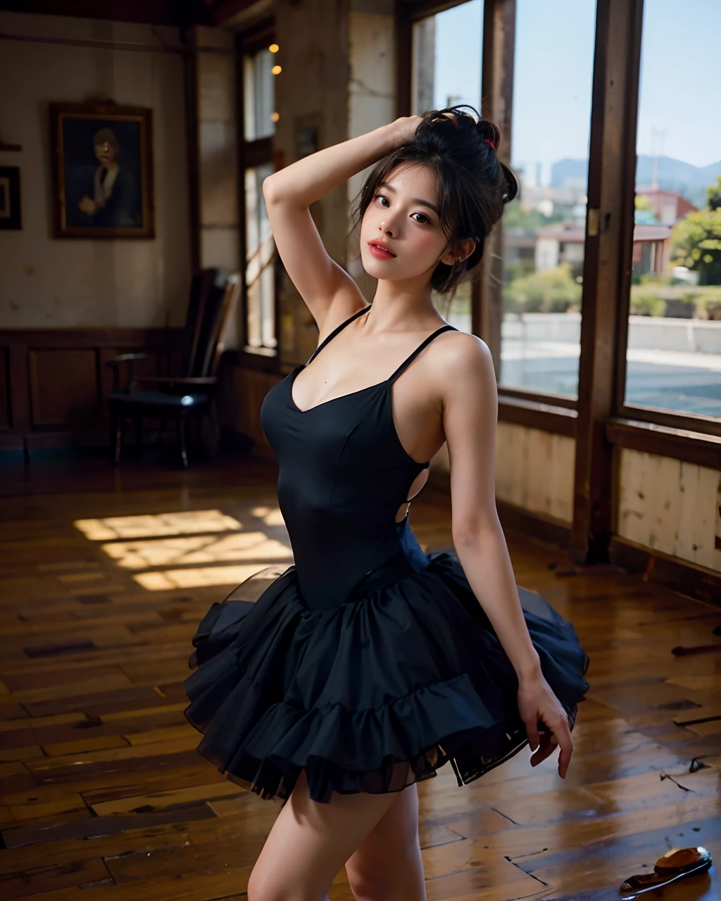 Draw an Asian girl dancing ballet , girl with porcelain skin. She is wearing a bun with a rose in her hair. . Her black ballet outfit is tight fitting. , The skirt was so high that it exposed her butt.