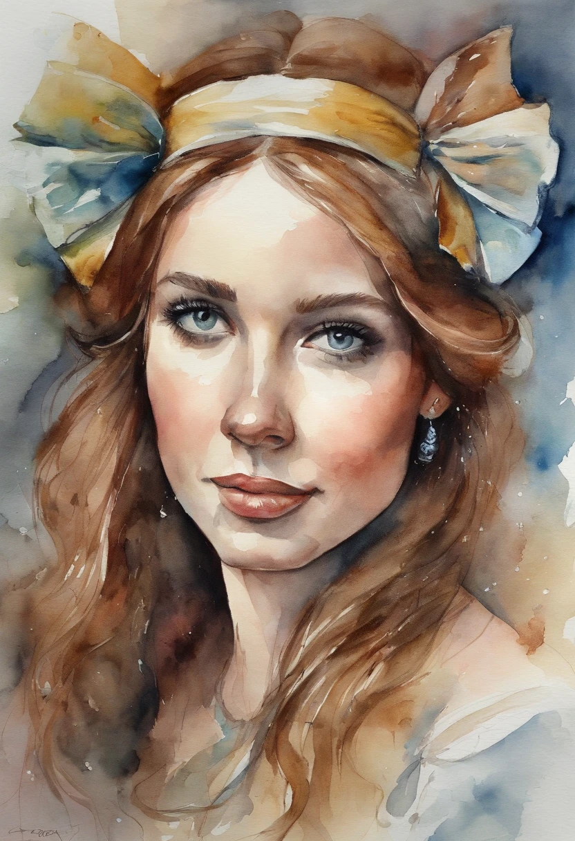 1girl, masterpiece, best quality, 8k, detailed skin texture, detailed cloth texture, beautiful detailed face, intricate details, ultra detailed, Alice in Wonderland, (a bow on her head:1.1), upper body