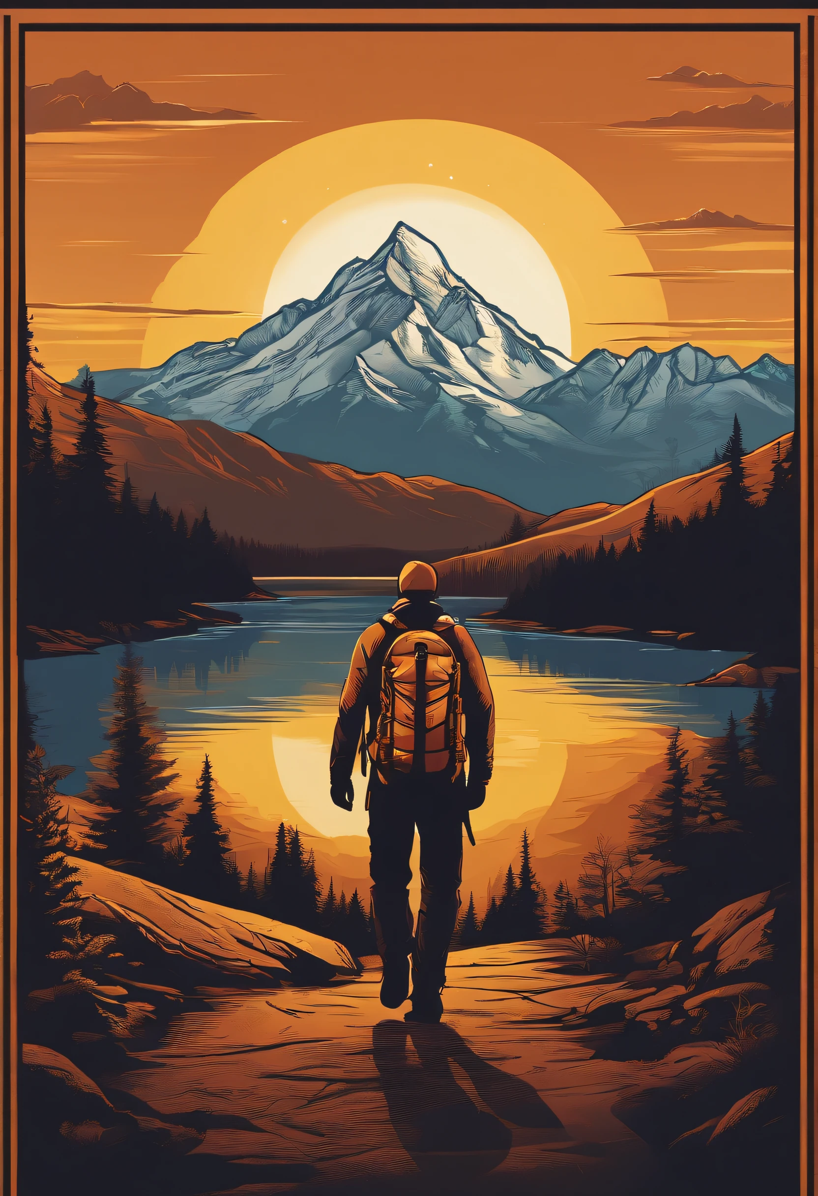 print ready vector t-shirt design, adventure scene with explorer, with beautiful nocturnal sun and mountain in the background, clean white background, professional vector, full shot, 8K resolution, deep impression illustration