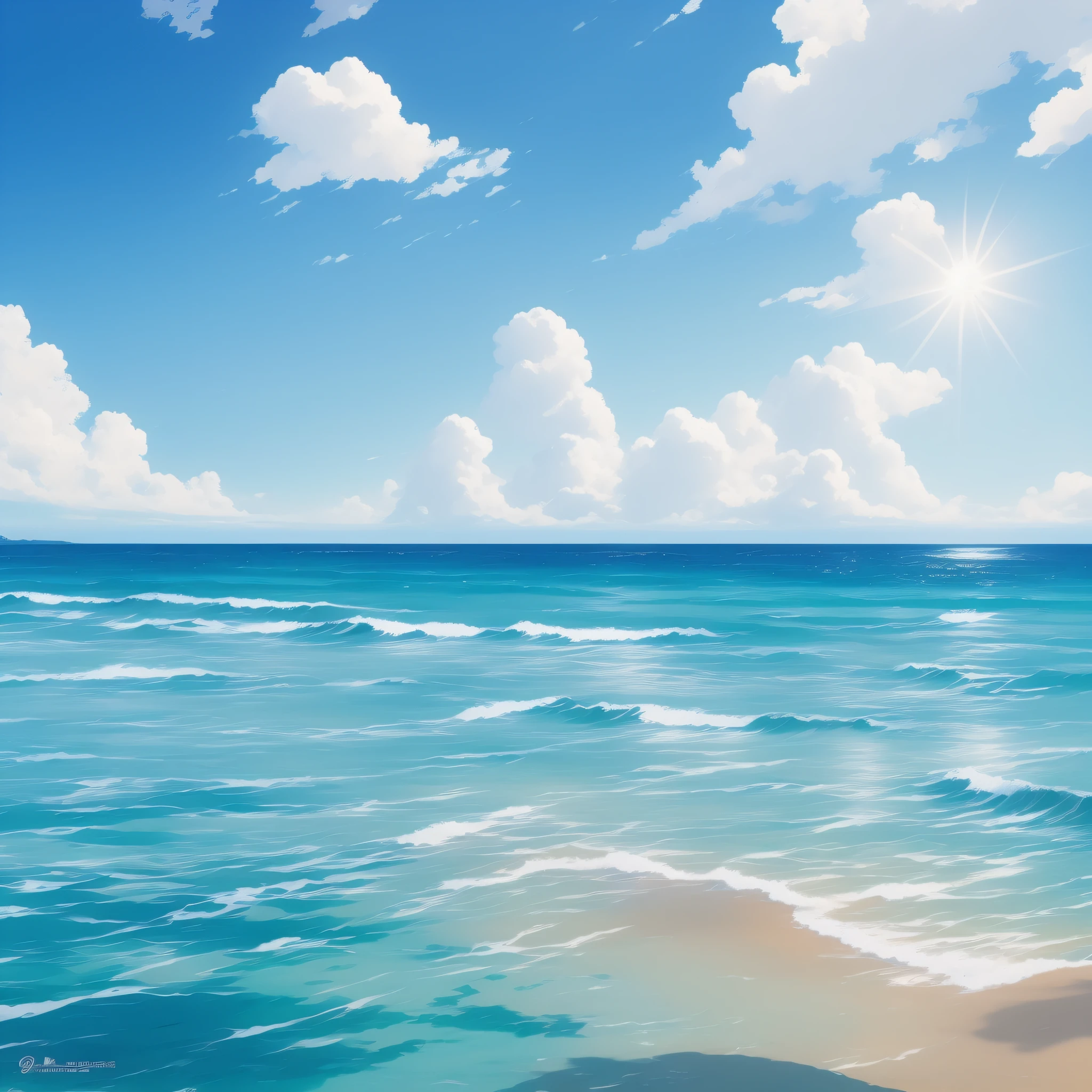 Painting of a beach with a blue sky and white clouds - SeaArt AI