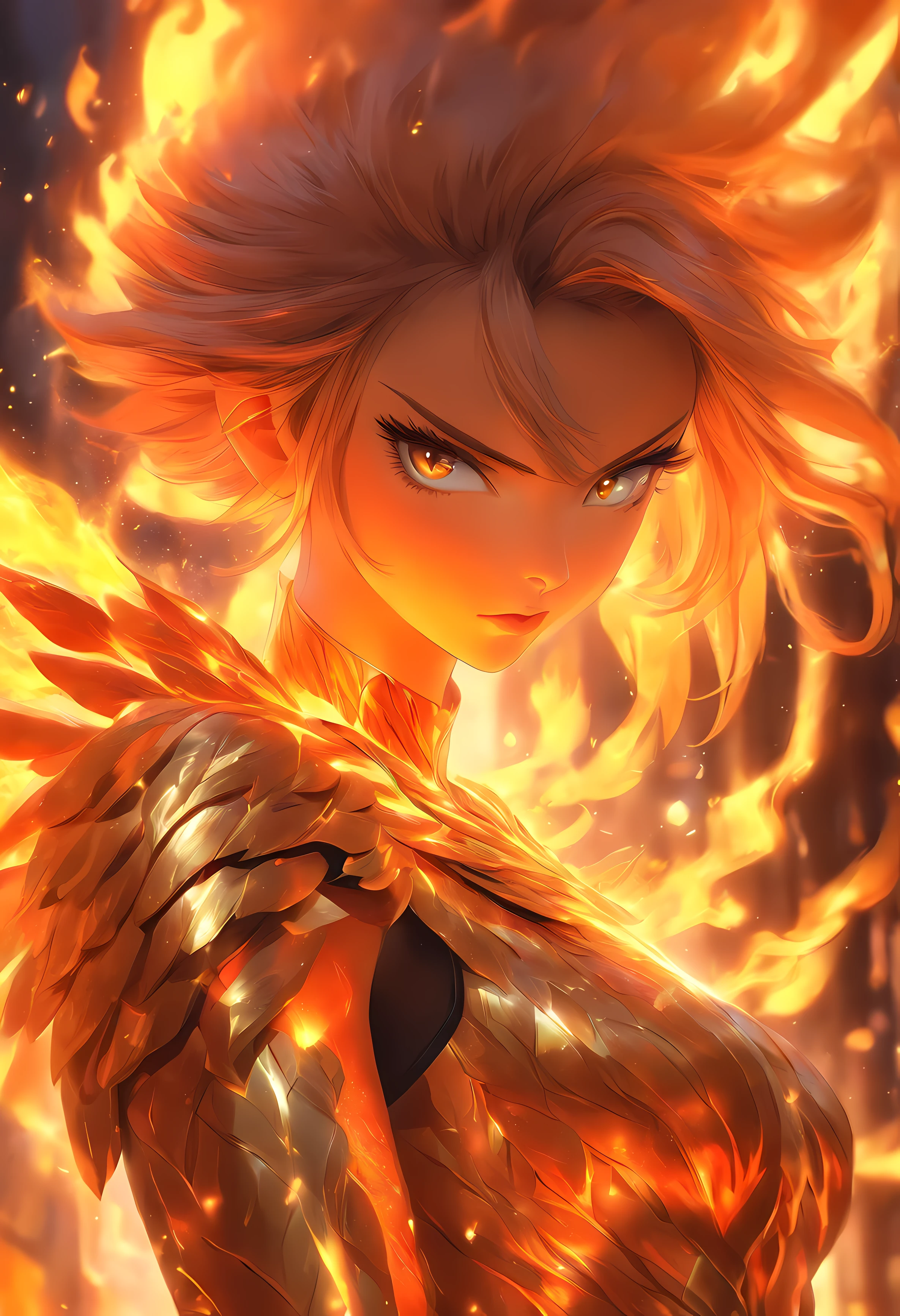 Close-up of a woman with fire and flames on her body, with fiery golden flame wings, with fiery golden wings, epic fantasy art style, Art conceptuel | Artgerm, Phoenix Warrior, Extremely detailed artgerm, epic fantasy digital art style, Femme Seigneur du Changement, full portrait of elementalist, epic exquisite character art