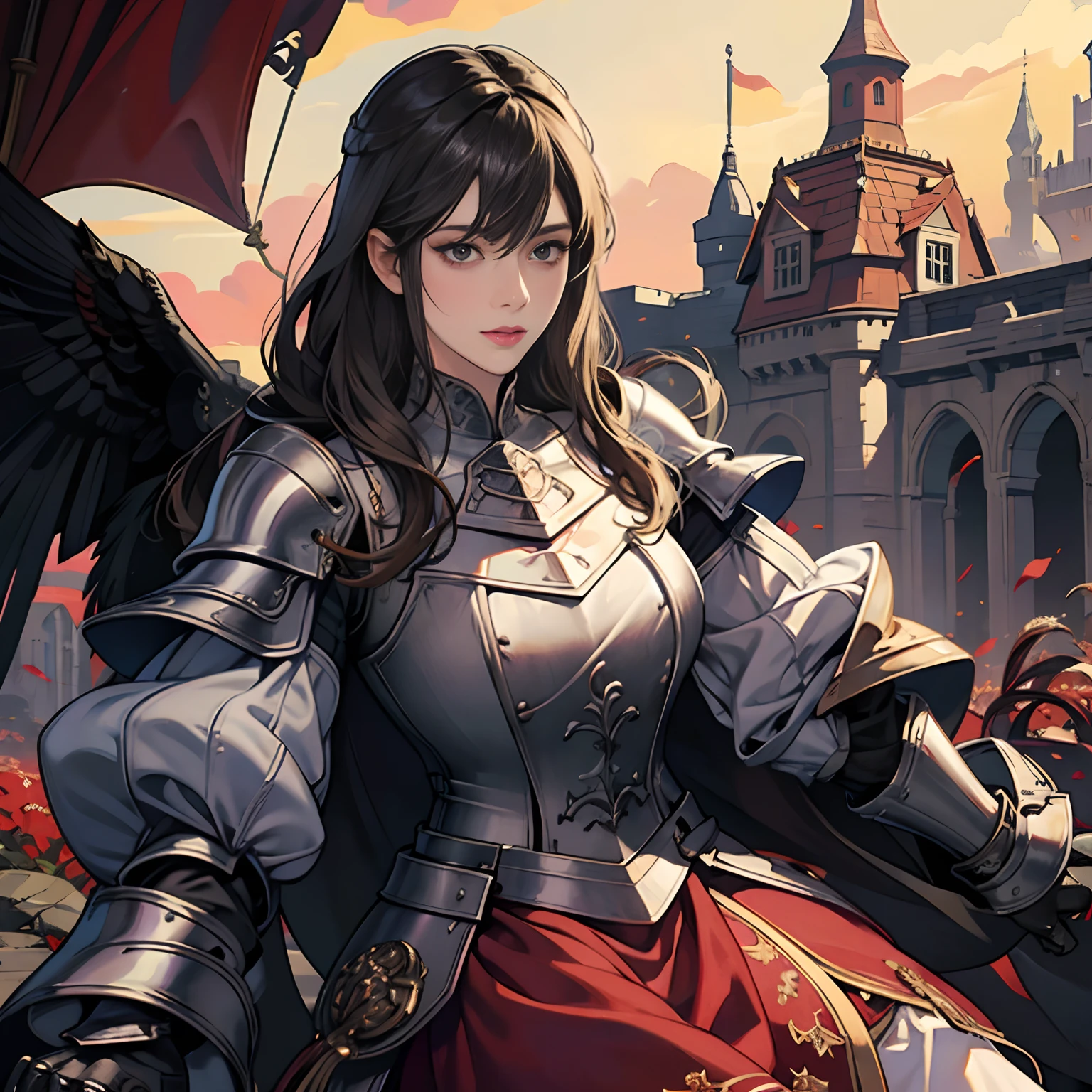 Women in Their 20s, Fantasia、offcial art, unity 8k wall paper, ultra-detailliert, beautifly、Aesthetic, ​masterpiece, top-quality, Photorealsitic, Castle Guard、Full Armor Knight:2.0、Sword of Steel:2.0、Black-silver armor:2.0、Black-silver breastplate:2.0、Red and black striped fabric,、Knights、Big Steel Sword:2.0、Eagle crest on the chest、Eagle Heraldic Flag、A dark-haired、Black eyes、Braided hair:2.0、depth of fields, Fantastic atmosphere, Calm palette, tranquil mood, Soft shading、Castle Gate、Rampart、bbw、large full breasts、plump figure、A large eagle is stuck in the arm