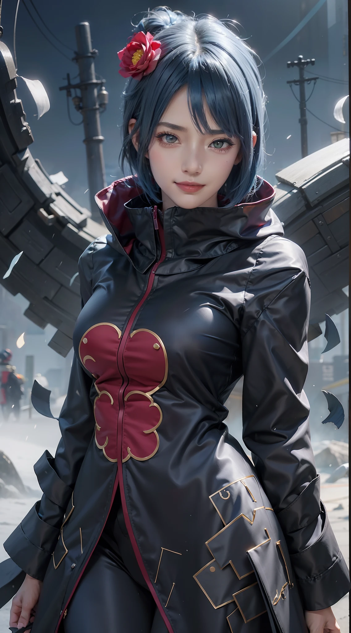 1girl, konan aktasuki, short hair, sexy dress, blue hair, blue eyes, smile, beautiful, black and red clothes, very big breast, sexy clothes, outdoor background, ultra detail, realistic