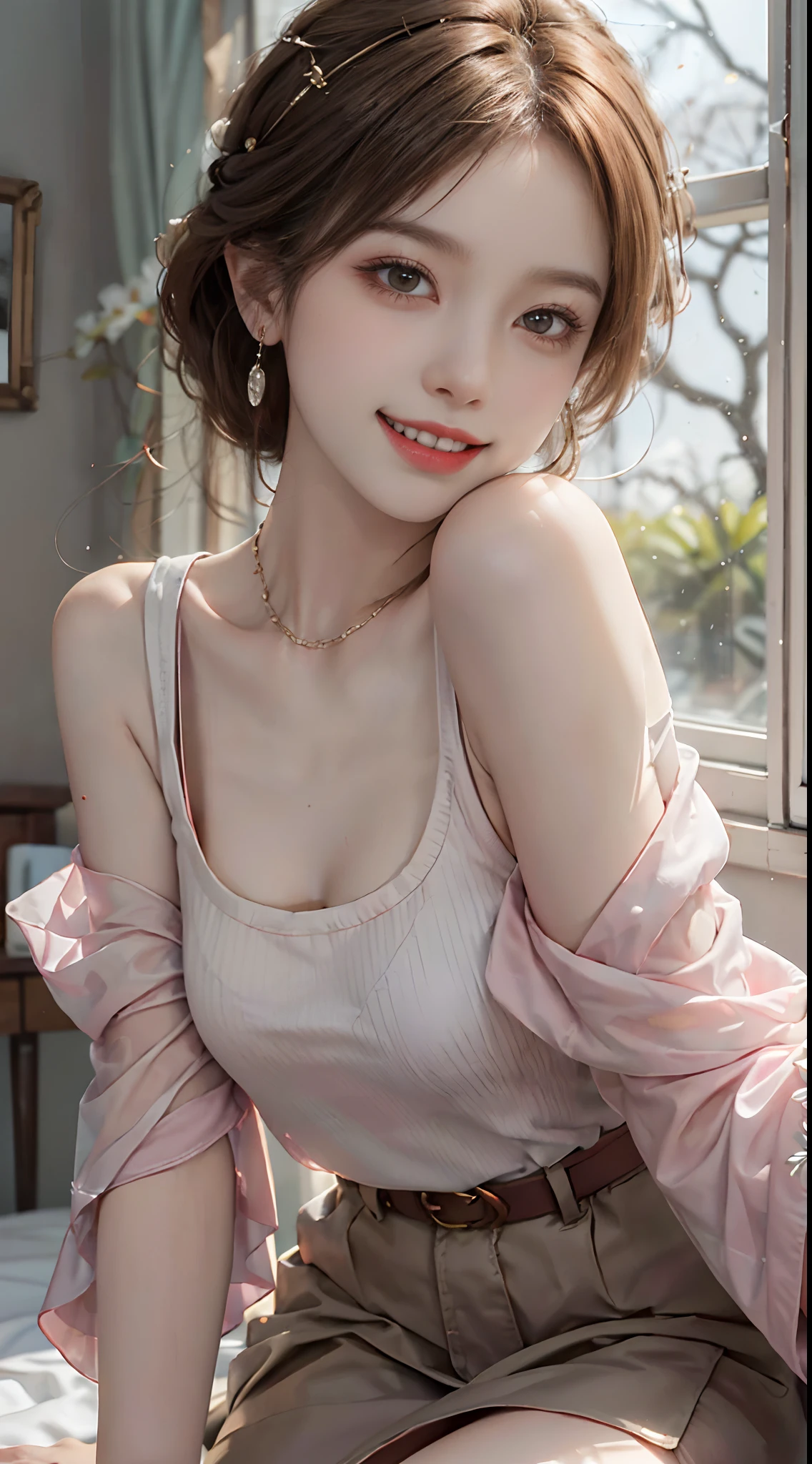 ((Upper body)), ((From below)), ((Realistic)), 1 Asian female model, A young girl, (Close up), (Being in the room, Sit Pose, Leaning against the dresser), Look out the window, Pleasant posture, Striking pose, Detailed scenes, Coiled hair, Hairpins, Beautiful hair accessories, Brownish-yellow hair, light make-up, Blushlush, Gloss on lips, ((Light pink slip top, Tulle tunic, Leak a shoulder, high-waist, Nice belt)), ((warm lights, a warm color palette)), (Extremely high color saturation), Detailed details, ultra-detailliert, (tmasterpiece, best qualtiy), (An extremely delicate and beautiful work), Delicate earrings, Delicate necklace, Simple blurred background, Extreme detail description, Ultra-fine painting, Delicate face, slim toned body, Slimming the waist, (grin, happy grin, Baring teeth), (anatomy correct)