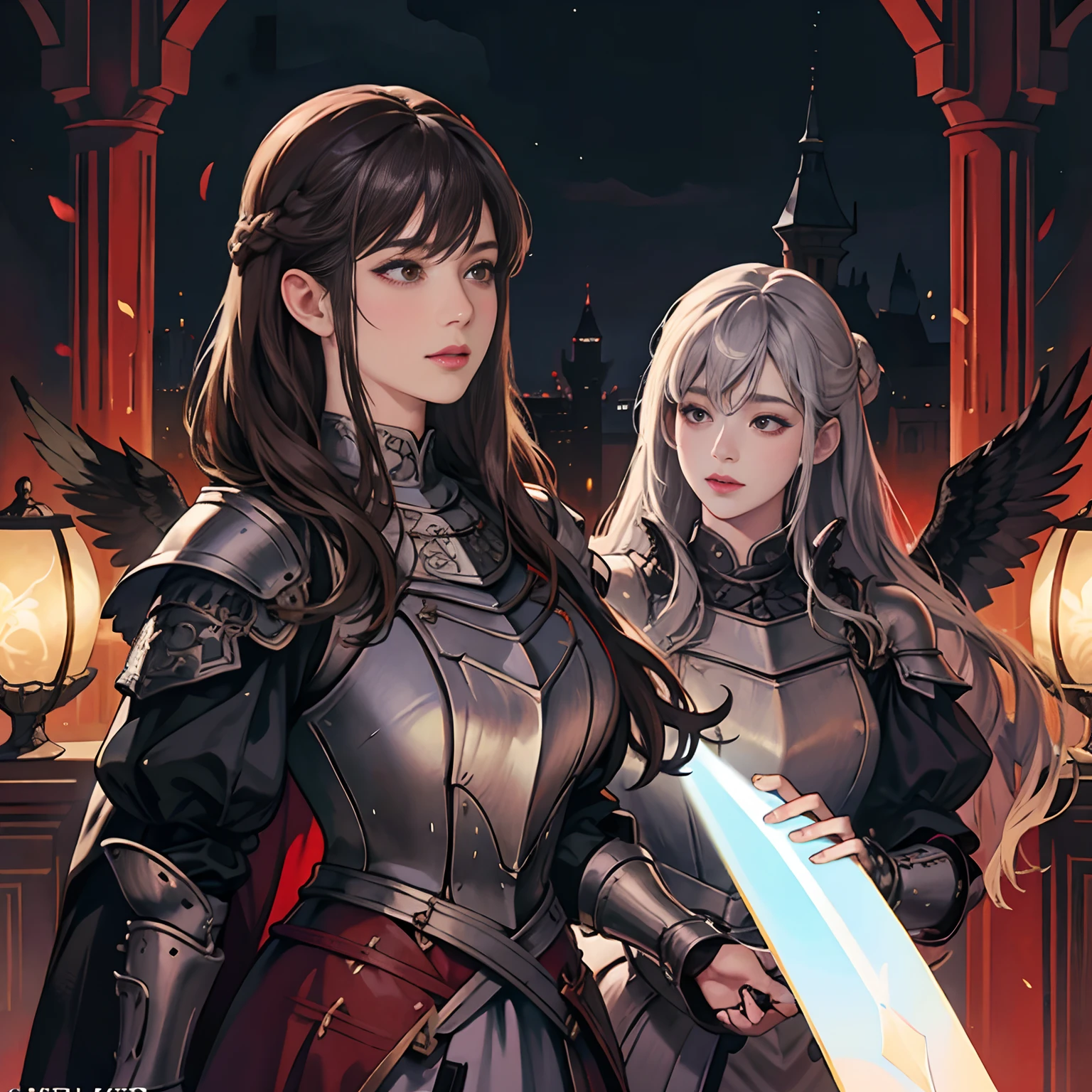 Women in Their 20s, Fantasia、offcial art, unity 8k wall paper, ultra-detailliert, beautifly、Aesthetic, masterpiece, top-quality, Photorealsitic, Castle Guard、Full Armor Knight:2.0、Sword of Steel:2.0、Black-silver armor:2.0、Black-silver breastplate:2.0、Red and black striped fabric,、Knights、Big Steel Sword:2.0、Eagle crest on the chest、Eagle Heraldic Flag、A dark-haired、Black eyes、Braided hair:2.0、depth of fields, Fantastic atmosphere, Calm palette, tranquil mood, Soft shading、Castle Gate、Rampart、bbw、large full breasts、plump figure、A large eagle is stuck in the arm