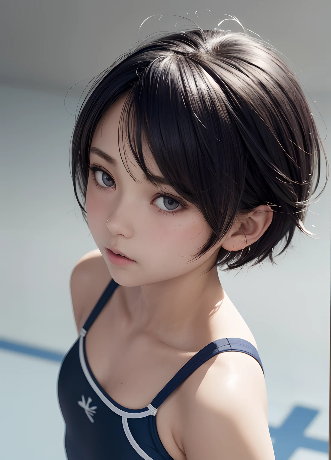 8K,top-quality,Real Image,intricate detailes,超A high resolution,Depth Field,masuter piece,natural soft light,profetional lighting,1 girl in,(cute little:1.2),Very beautiful 17 year old cartoon girl, photorealistic anime girl render, realistic anime 3 d style,A detailed eye,A dark-haired, extra very short hair, a pixie cut, hair messy,Old Style School Swimwear, (Navy blue school swimsuit),From below,((from the front side)),((Concrete background))