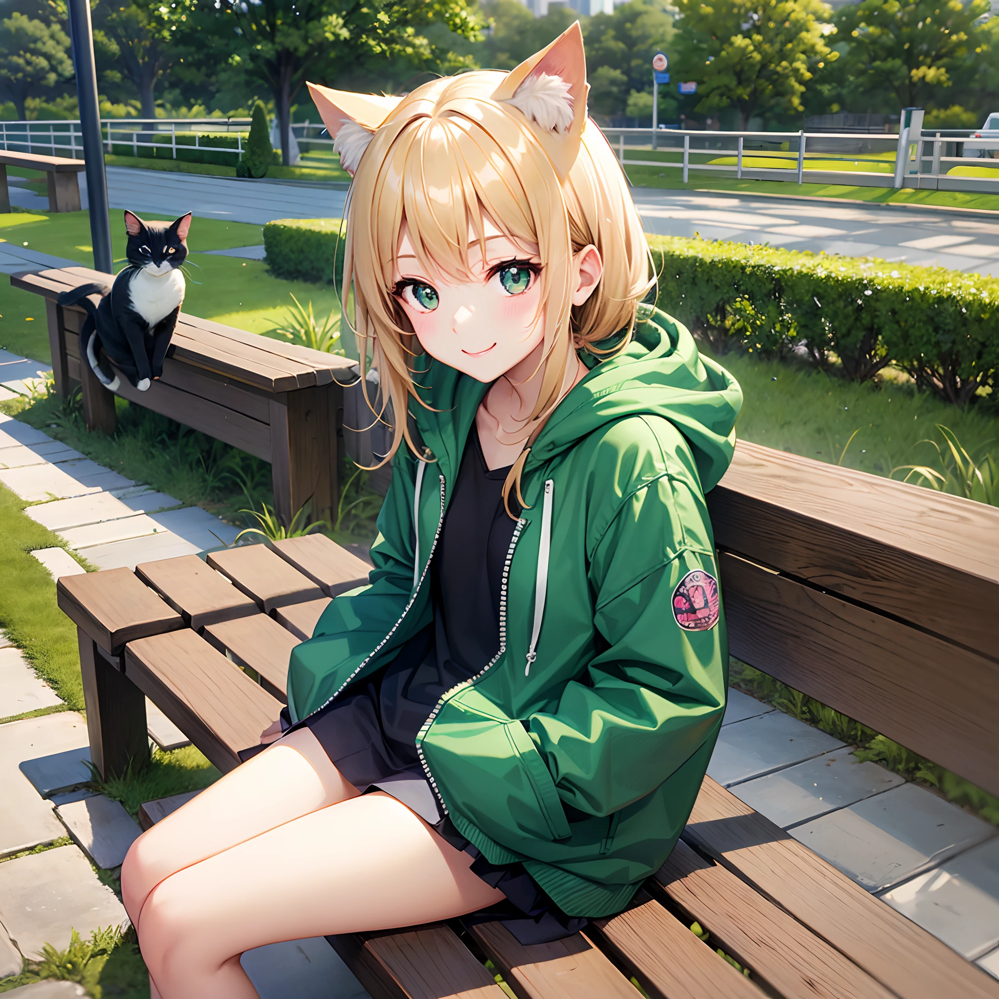 (((top-quality)))、Girl in an overhoodie、I have my hands in my pockets、a park、Cat Ear Food、Blonde Long、Green eye、((chiquita))、(small tits)、cute little、a smile、(Sit on a park bench)
