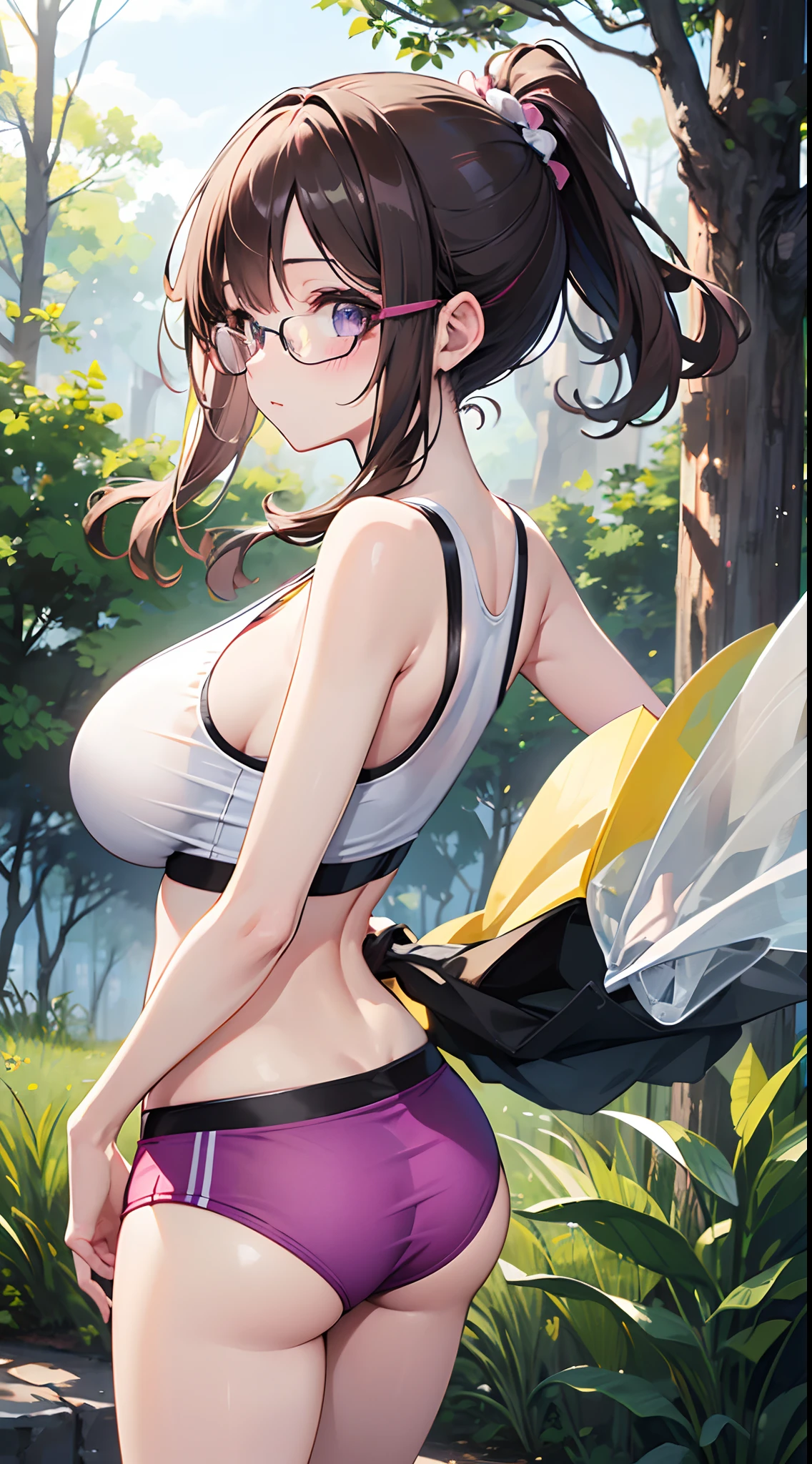 ((masterpiece)), ((best quality)), (ultra-detailed), ((kawaii)), cute, (lovely), ((sexy)), (ero), ((extremely detailed)), 4K, (8K), best quality, (beautiful), anime style, upper body, face in profile, running, full body focus, forest, morning, a cute girl, 1girl, solo, sports bra, beautiful light brown hair, beautiful purple eyes, ((beautiful eyes)), white-skinned, ponytail, transparent hair, translucent hair, large breast, wearing underpants, glasses, cool, blush, wind effect, shiny-glistening, gleaming