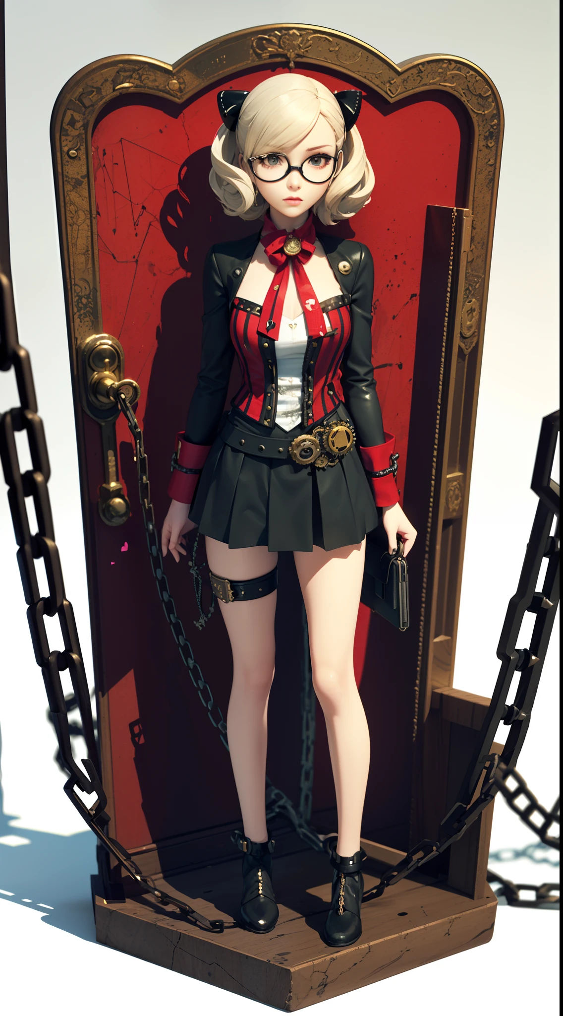 blindbox,Plastic material trendy play,(3D anime resin girl,popup book,white background:1.15),(Anne Takamaki,Panther,An Takamaki,(persona 5),1girl,solo,with Persona mask,wearing downblouse-striped shirt,GOD EATER armor style),blood sea and bone throne base,holding a Persona mask,(blank background,Steampunk clock locked by chains,hearts and book linked by chains,Sound Horizon with chains:1.2),