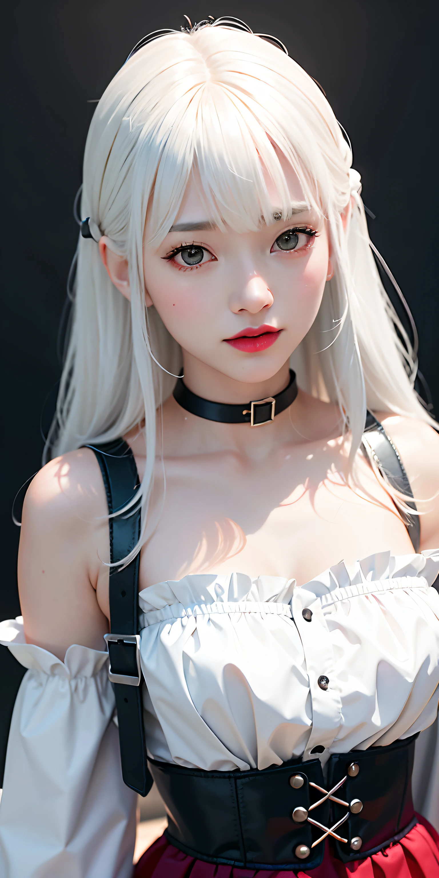 (Best Quality Detail)、8K UHD、hight resolution、The ultra-detailliert、High quality textures、(a closeup)、(1girl in:1.2)、in her 20s、(Cute smile)、Pretty Kpop Girl、(Korean Urzan Face)、Slender face、(ulzzang -6500-v1.1:0.6)、teak、Glossy lips、(bright red lips)、Photorealsitic, ultra-detailliert, Fuji Film(Medium format), (spot light)、((White hair))、(a choker)、Natural color reproduction、(Brown eyes)、(White hair), (short-cut)、(Pattsun bangs)、(bangss)、 Shiny hair、Description beautiful delicate hair、(Lustrous skin)、(long-sleeve)、Black corset、long skirt、(garterbelts)、nighttime scene、(White Wall Room)、