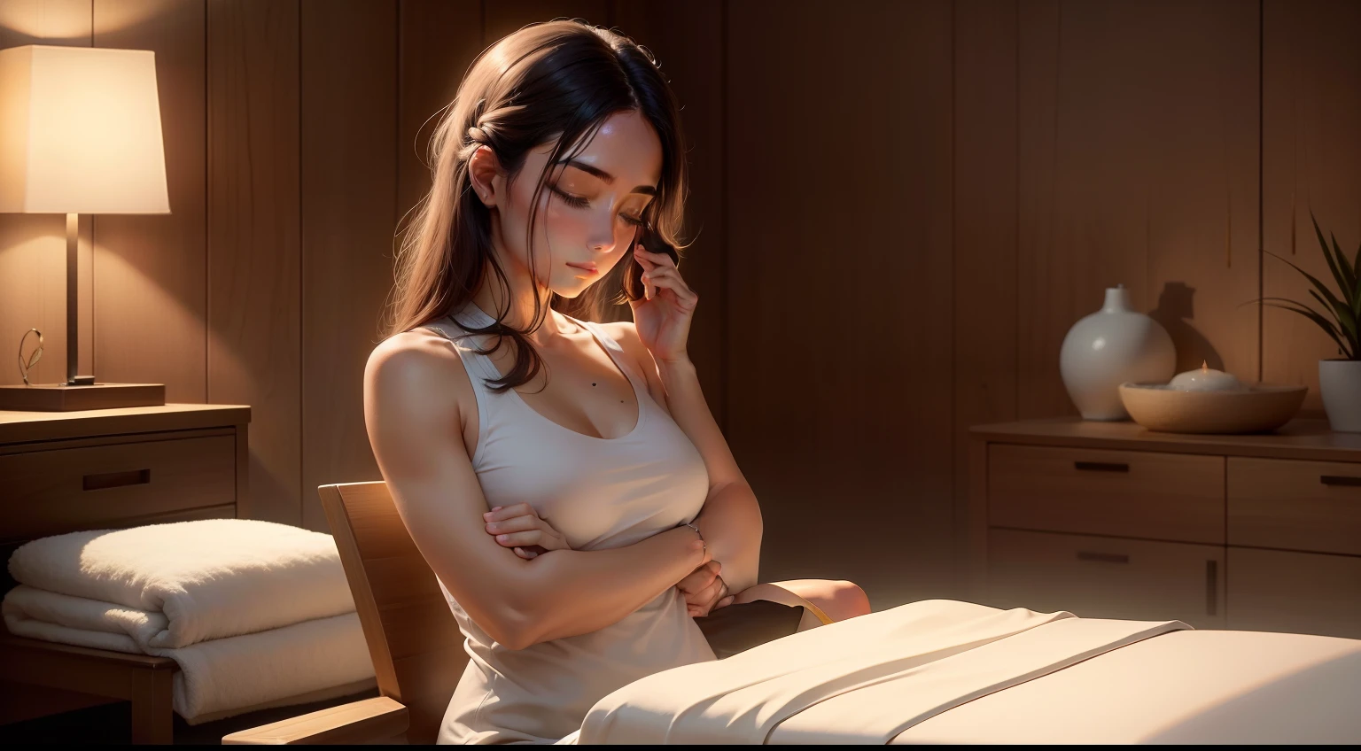Moment of meditation: A photo of a person relaxing with their eyes closed after a massage, in a meditation position, transmitindo paz interior , em uma sala de massagem aconchegante