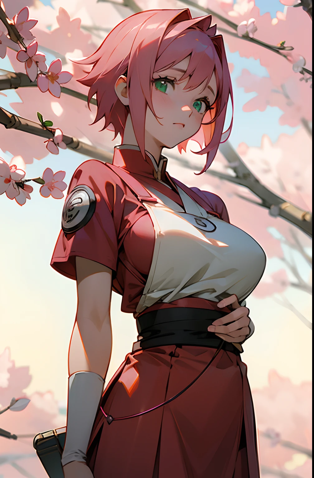 1girl in, Sakura Haruno from Anime Naruto, Short hair, Pink hair, Green eyes, Beautiful, Red clothes, very large breast, realistic clothes, detail clothes, Outdoor background, Ultra Detail, Realistic --auto