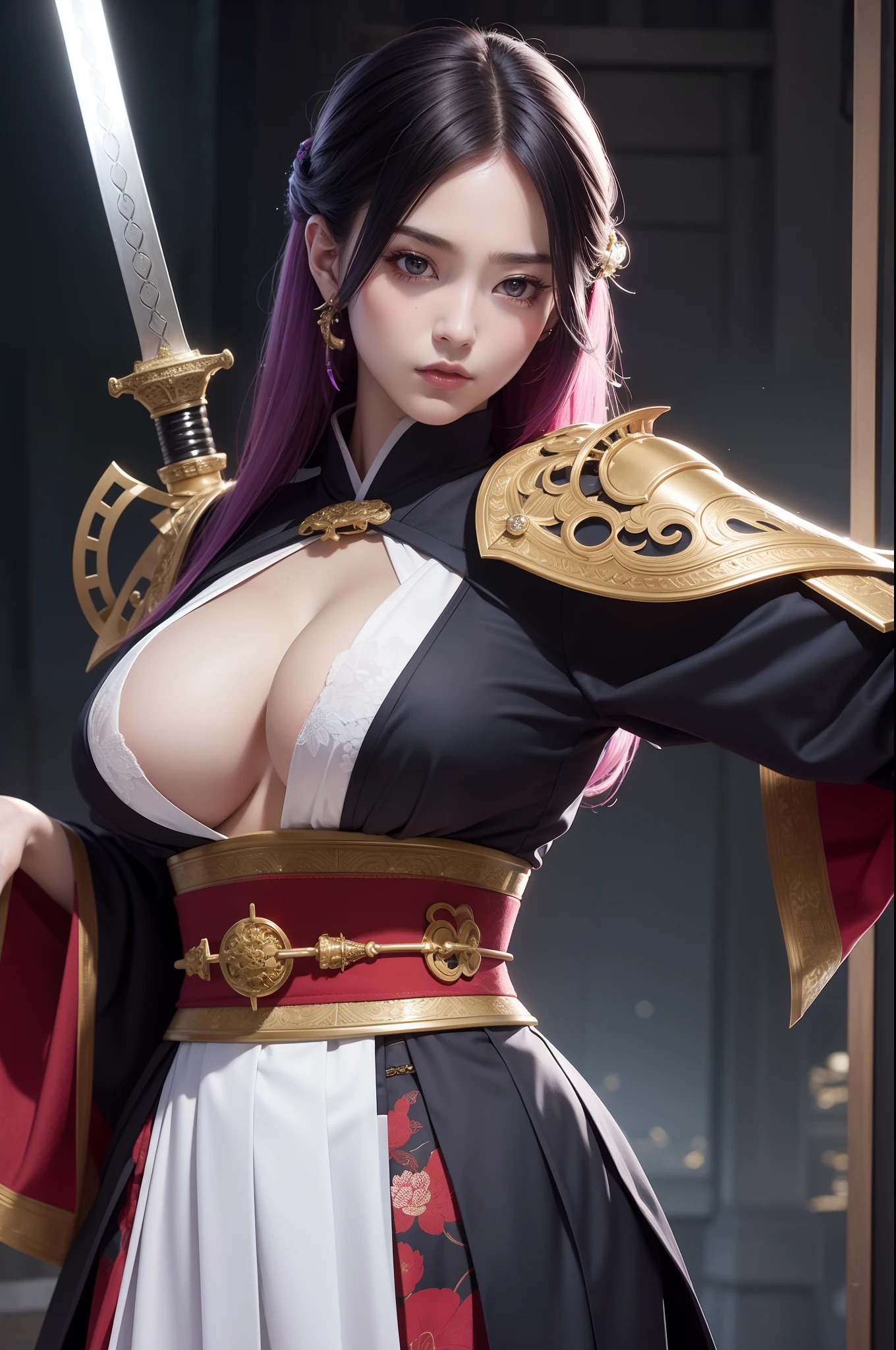 arafed woman in a costume holding a sword and a sword, she is holding a katana sword, very beautiful cyberpunk samurai, female samurai, wearing kimono armor, ornate korean polearm behind her, she is holding a sword, holding a sword on her shoulder, wearing kimono armour, dressed in samurai armour, portrait shot, samurai outfit, ornate cosplay, sexy look, big breast, sexy pose, show breast, rainbow hair