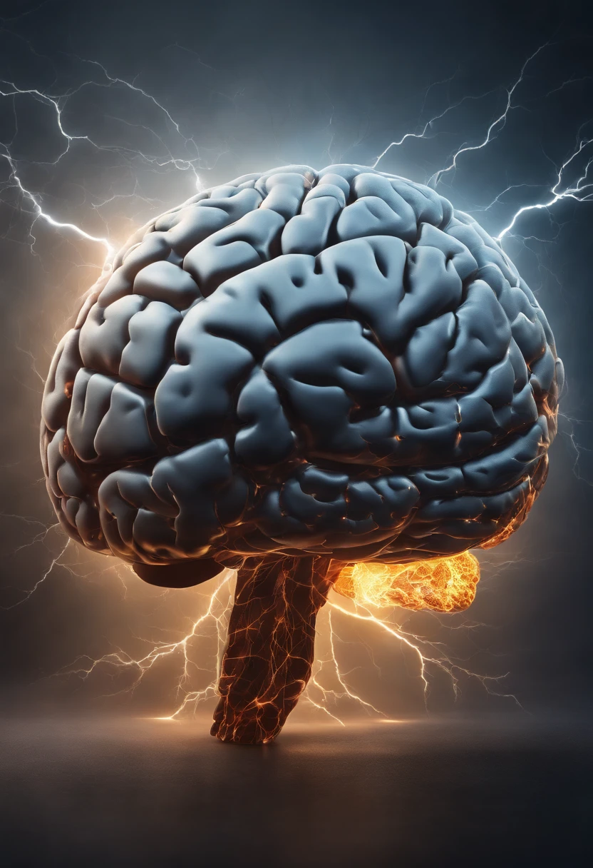 Crie uma logo, where there is a brain drawn and the image has several lightning bolts, the black background with shadows