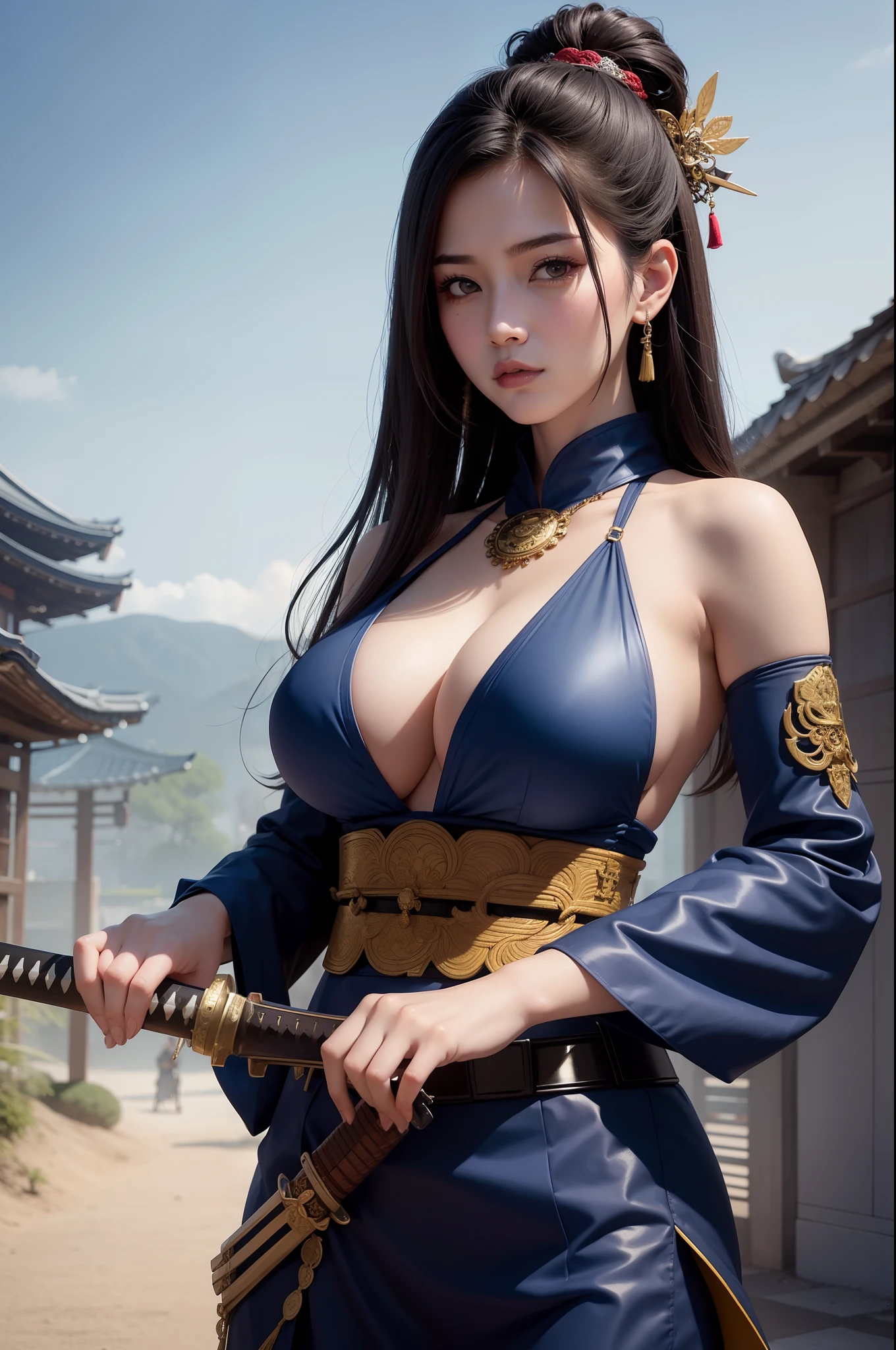 arafed woman in a costume holding a sword and a sword, she is holding a katana sword, very beautiful cyberpunk samurai, female samurai, wearing kimono armor, ornate korean polearm behind her, she is holding a sword, holding a sword on her shoulder, wearing kimono armour, dressed in samurai armour, portrait shot, samurai outfit, ornate cosplay, sexy look, big breast, sexy pose, show breast, rainbow hair