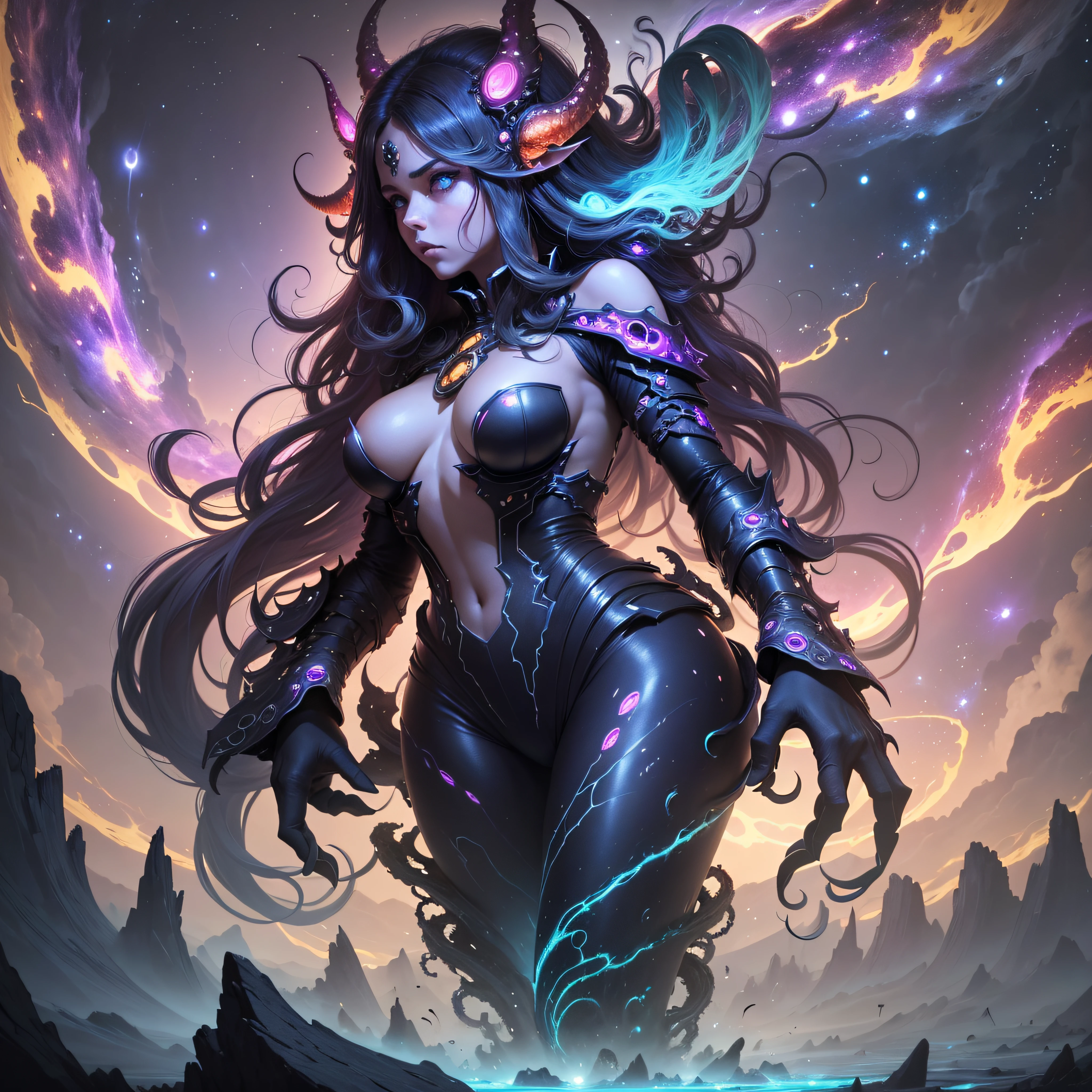 eldritchtech,cosmic, dark energy,
scifi,scholar , scroll, 1girl,long hair, colored skin, glowing eyes, smirk ,closed mouth, witch, skulls