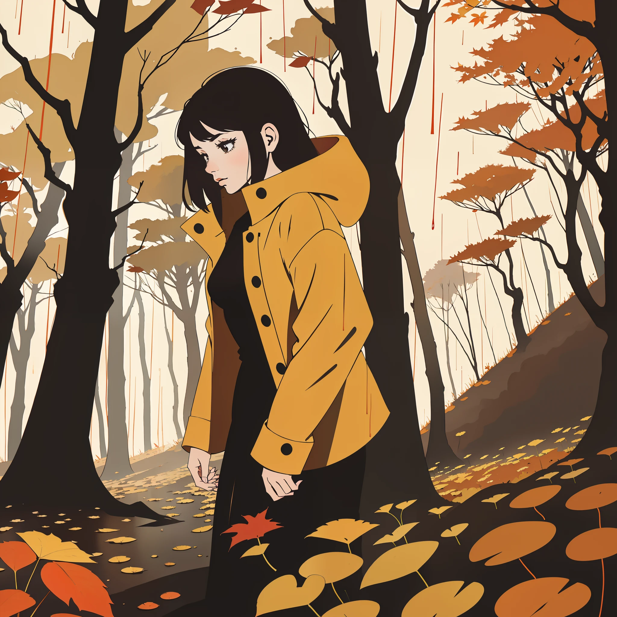 girl walking in the forest, season fall, yellow orange and red leafes falling from the trees, alone, raining weather, cloudy weather, heavy rain, moody colors