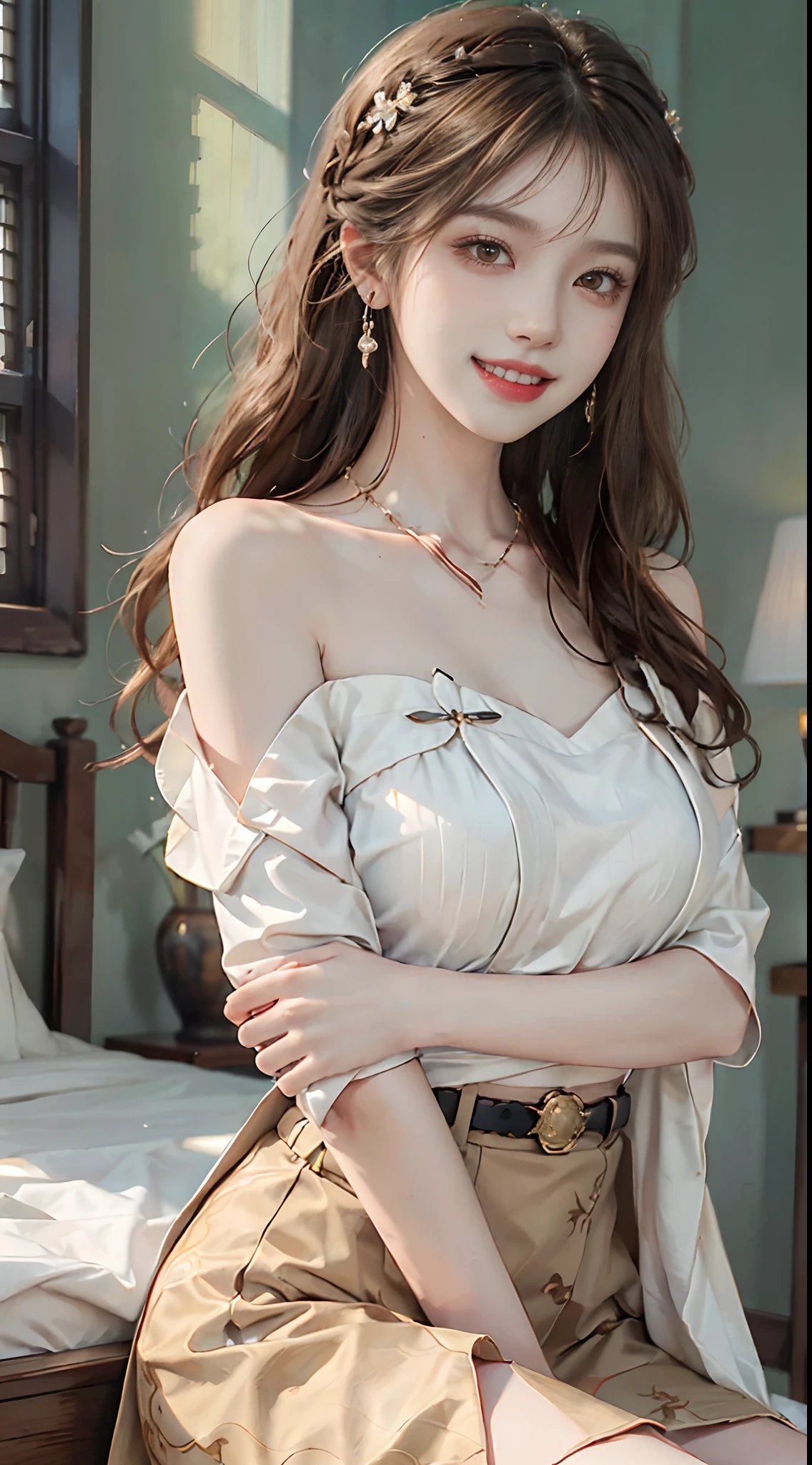 detailed background, masterpiece, best quality, 1 person , curly hair, long hair, purple eyes, star in eye ,lime green Strapless blouse, long  skirt, looking at viewer, wooden furniture behind, indoor , sexy, sexy poses,gold jewellery 