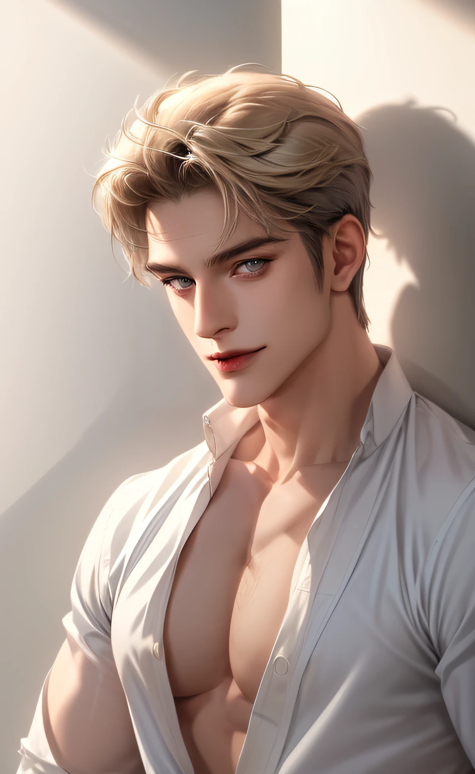 (masterpiece,best quality,ultra_detailed,highres,absurdres) (detailed shadow) (quality light),1 mature male, 30-ish, (wide shoulder), ((no chest hair)), male focus, solo, short sand blond hair (grey eyes), ((no beard)), simple background, upper body, looking at viewer, parted lips, round eyewear, open white shirt, long sleeves, showing a bit of muscles, smirk smile face.