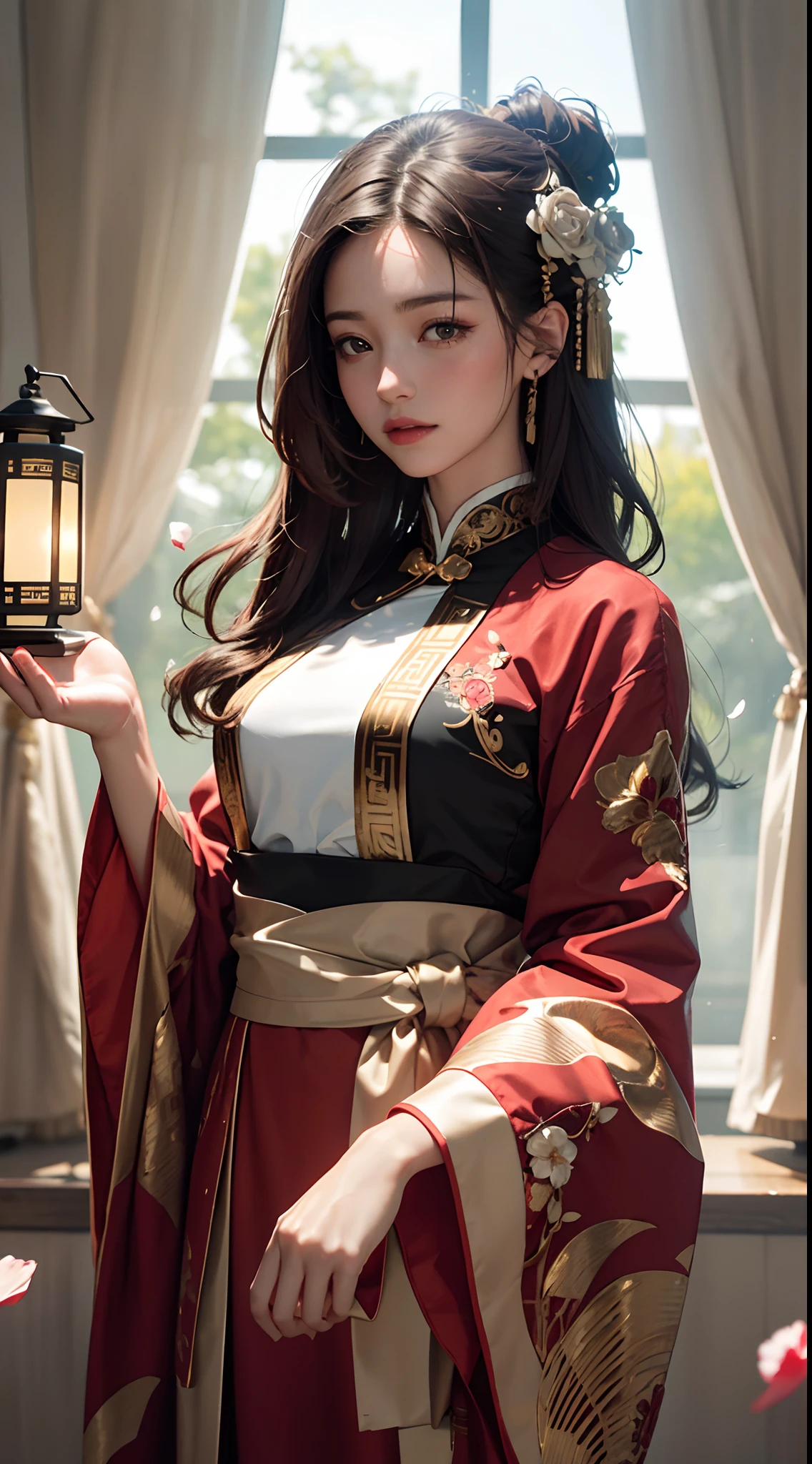 best quality, masterpiece, highres, (exquisite body:1.5),gorgeous face,(milky skin:1.3),intricate details,high resolution,wallpaper,
1girl, solo, dress, hair ornament, (((gold and red dress))), flowers, long hair, brown hair, closed mouth, jewelry, long sleeves, hand up, wide sleeves, big eyes,floating hair, chinese clothes, hanfu, embroidery, long skirt, natural pose, falling petals, indoor,fanning, lantern,
16K,HDR,highres,depth field,(film grain:1.1),boken,golden hour,(lens flare),vignette,rainbowing,(color grading:1.5)